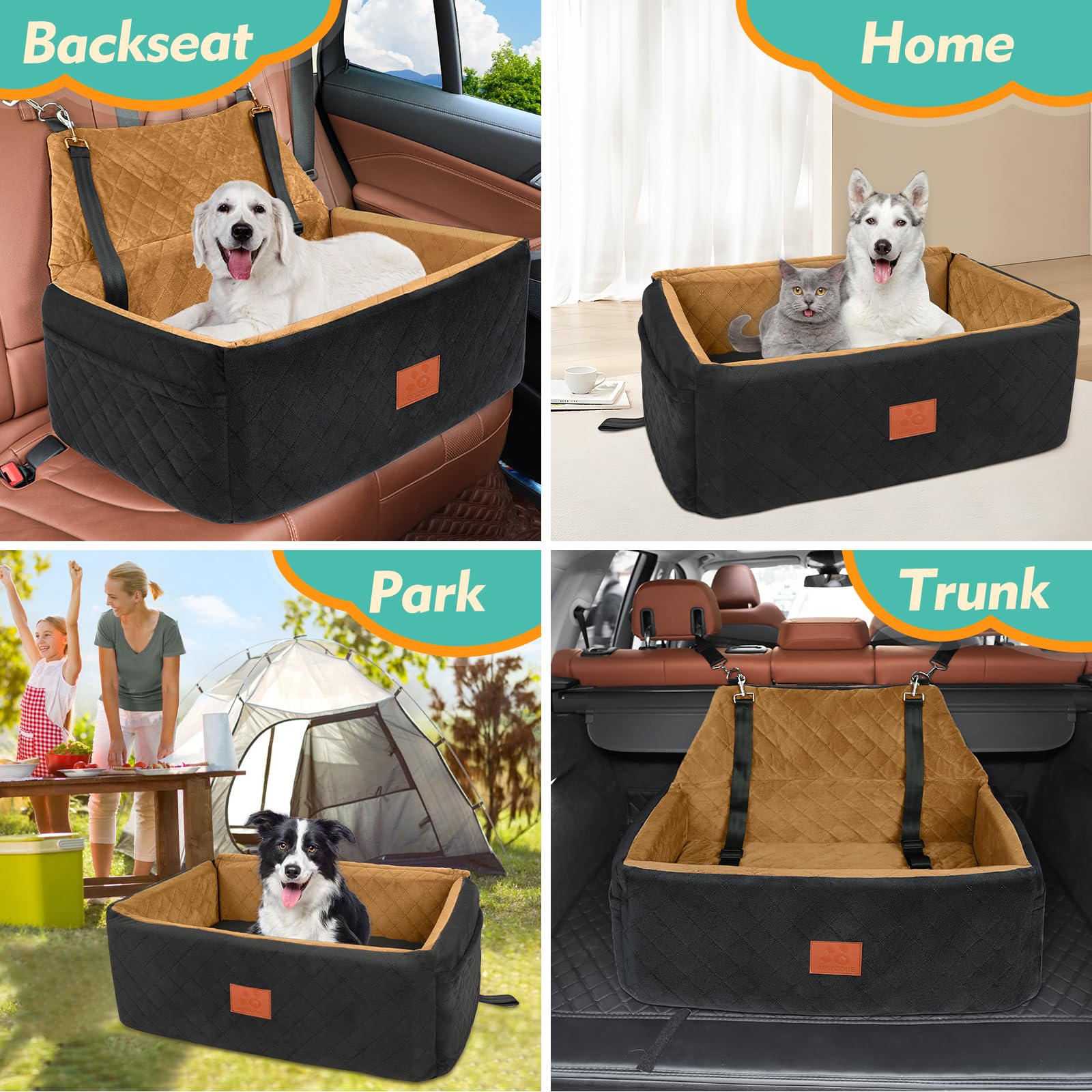 Washable Dog Car Seat for Large & Medium Dogs Under 55 lbs - Thick Cushion Booster Seat with 2 Safety Leashes | Travel Pet Bed for Cars, SUVs & Road Trips