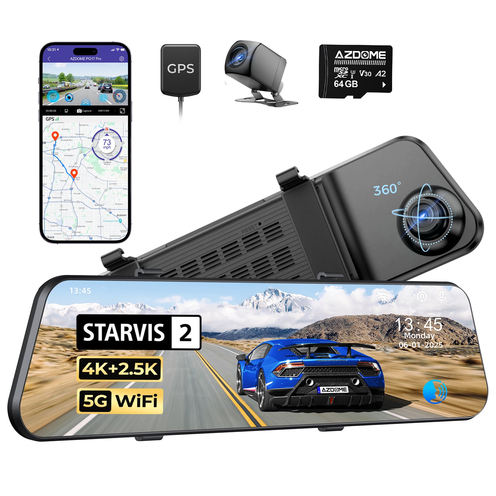 AZDOME PG17 Pro 4K+2.5K Dual Dash Cam with Sony STARVIS 2 Sensor, 5G WiFi, Rear View Mirror Camera - OTA Updates, Parking Assist, Voice Control, Includes 128GB Card - Perfect for Night Driving & Uber/Lyft Rides