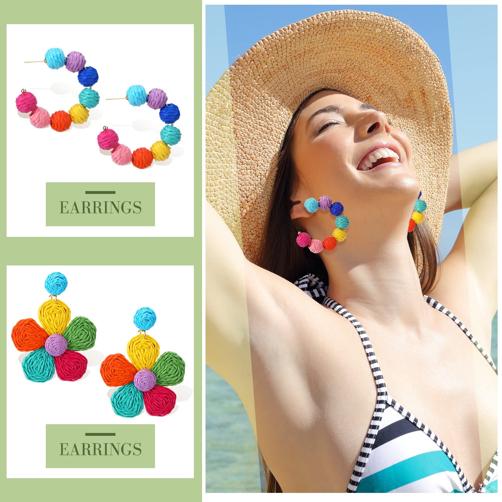 Kigeli 6 Pairs Boho Rattan Earrings for Women - Colorful Beaded Tassel Dangle Hoop Earrings, Handmade Summer Raffia Heishi Drop Statement Jewelry - Perfect for Beach Vacations, Music Festivals & Boho Fashion Outfits