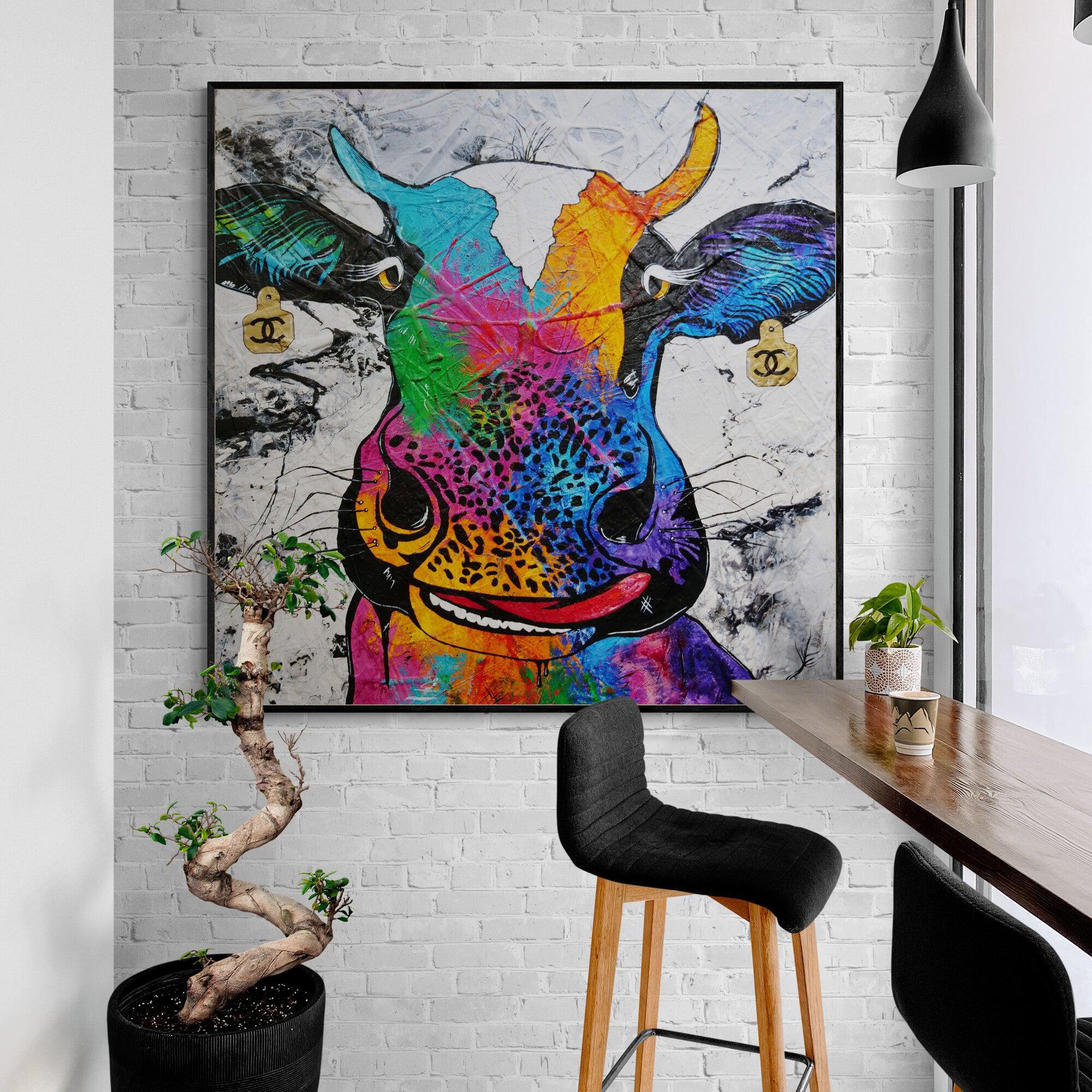 C.C. Steerling 48x48 Inch Abstract Cow Painting - Realism Textured Wall Art for Living Room, Bedroom & Office Decor
