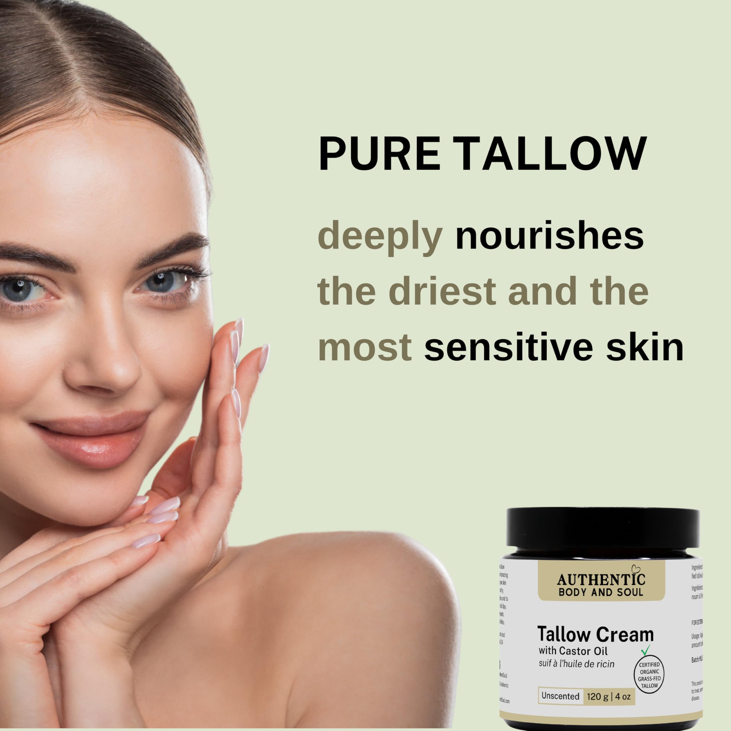Organic Grass-Fed Tallow Cream with USP Certified Castor Oil - Natural Face & Body Moisturizer for Sensitive Skin - 2oz Beef Tallow Skincare - AGW Certified - Perfect for Dry Skin, Eczema & Daily Hydration