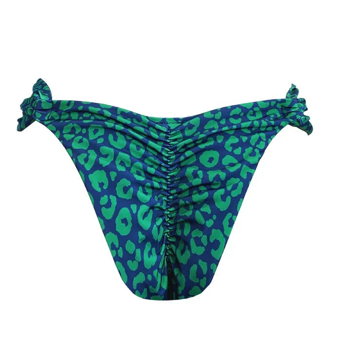 Blue & Green Jaguar Print Brazilian Bikini Bottom - High Waisted Scrunch Butt Cheeky Swimwear for Beach, Pool & Summer Vacations