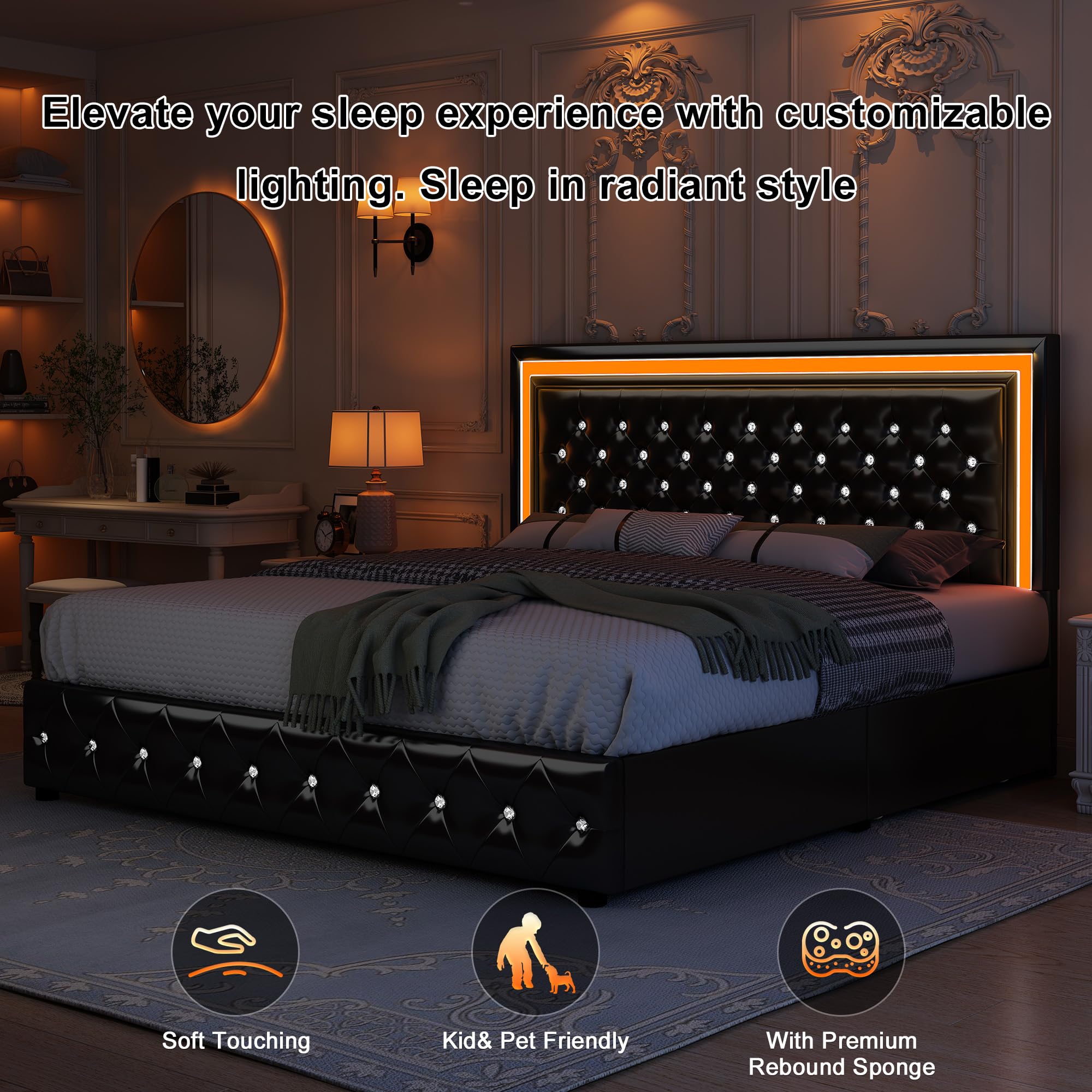 Full Bed Frame with LED Lights & Storage Drawers - Heavy Duty 900 lbs Capacity, No Box Spring Needed, Easy Assembly, PU Black - Perfect for Modern Bedrooms, Dorm Rooms & Small Spaces