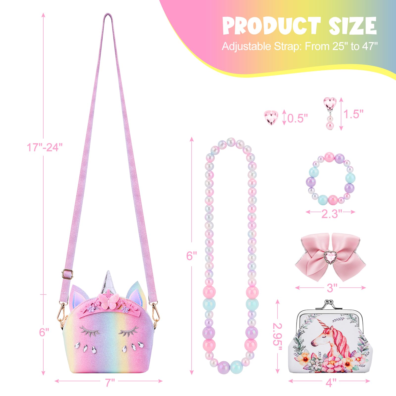 JYPS 7PCS Toddler Purse for Girls - Pretend Play Wallet with Princess Dress Up Jewelry Set (Rainbow Crown Unicorn) - Perfect for Birthday Gifts, Role Play & Imaginative Play