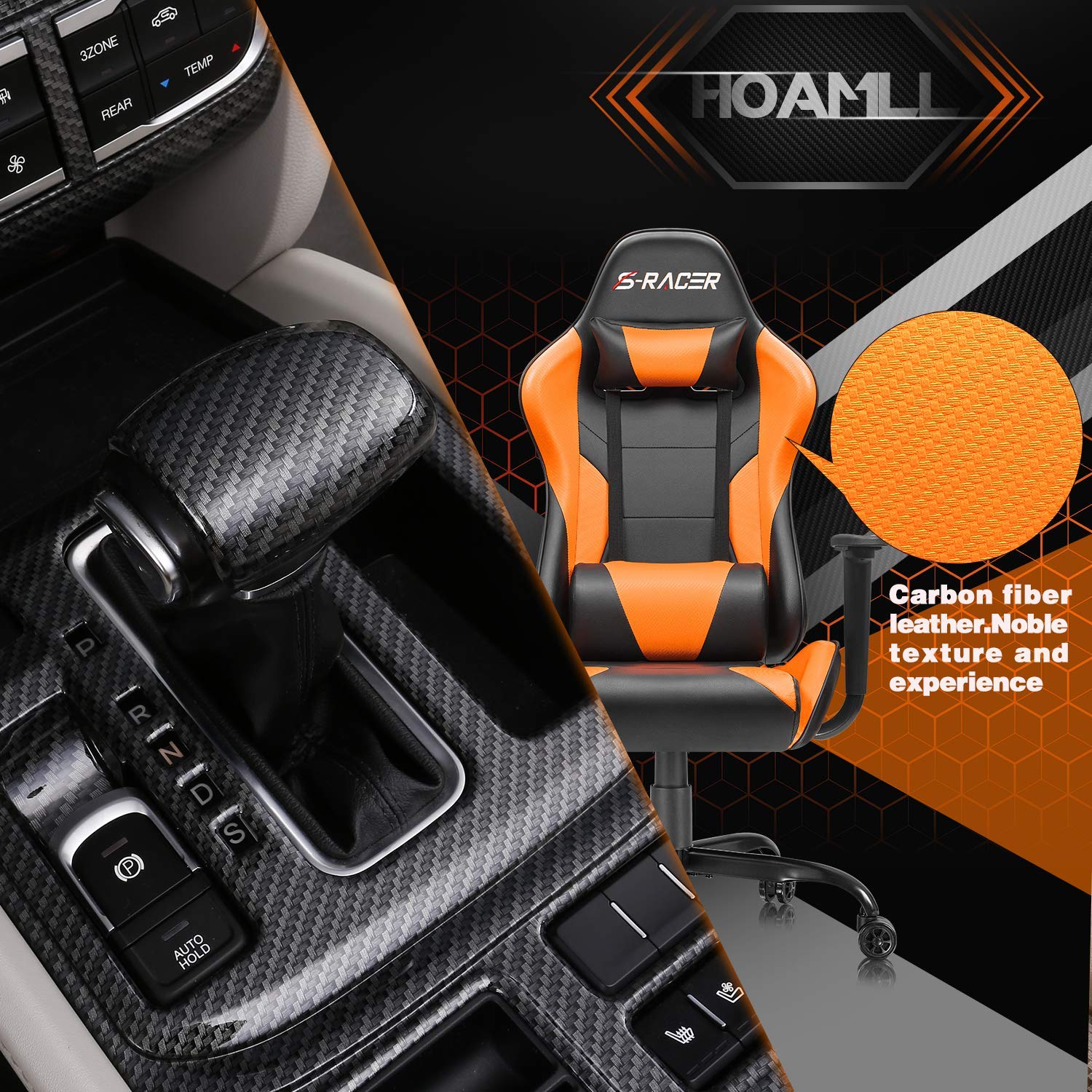 Homall Gaming Office Chair - High Back Ergonomic Computer Desk Chair with Adjustable Height, PU Leather, Headrest & Swivel for Adults (Orange) - Perfect for Gaming, Work & Home Office Use