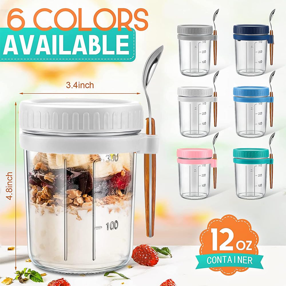 12 oz Glass Mason Overnight Oats Containers with Lids & Spoons - 6 Pack Meal Prep Jars with Measurement Marks for Cereal, Yogurt, Fruit Salad & Healthy Breakfast - Perfect for Office Lunch, Gym Snacks & On-the-Go Meals