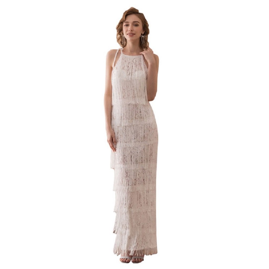 Vintage Lace Maxi Beach Wedding Dress for Women - Elegant Tassel Bridal Gown for Beach, Garden & Destination Weddings