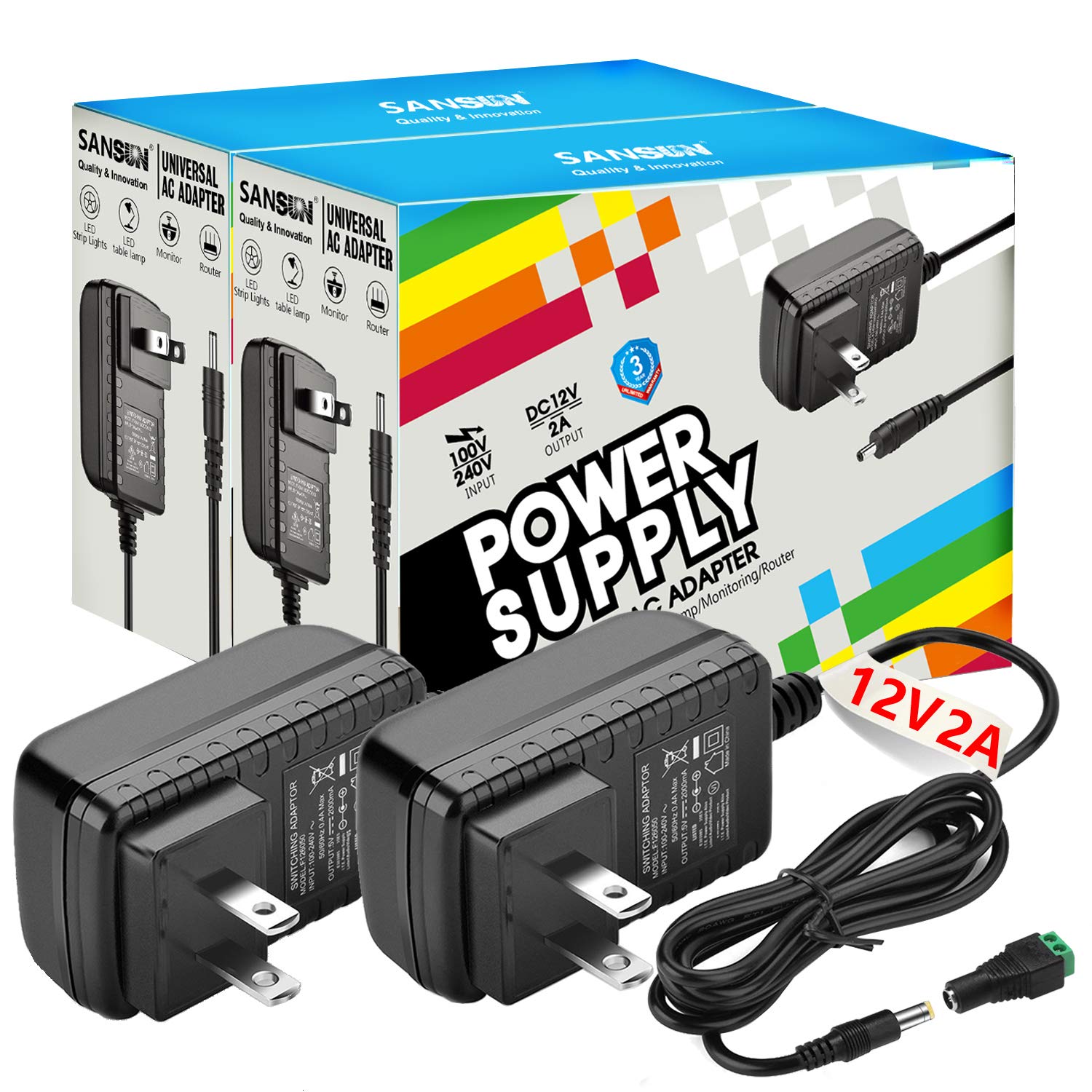 12V 2A Power Adapter 24W, AC 120V to DC 12V Converter with 5.5x2.1mm Plug - Universal Power Supply for LED Strip Lights, CCTV Cameras, Hard Drives, Monitors & More (2 Pack) - Perfect for Home Security Systems & Office Electronics