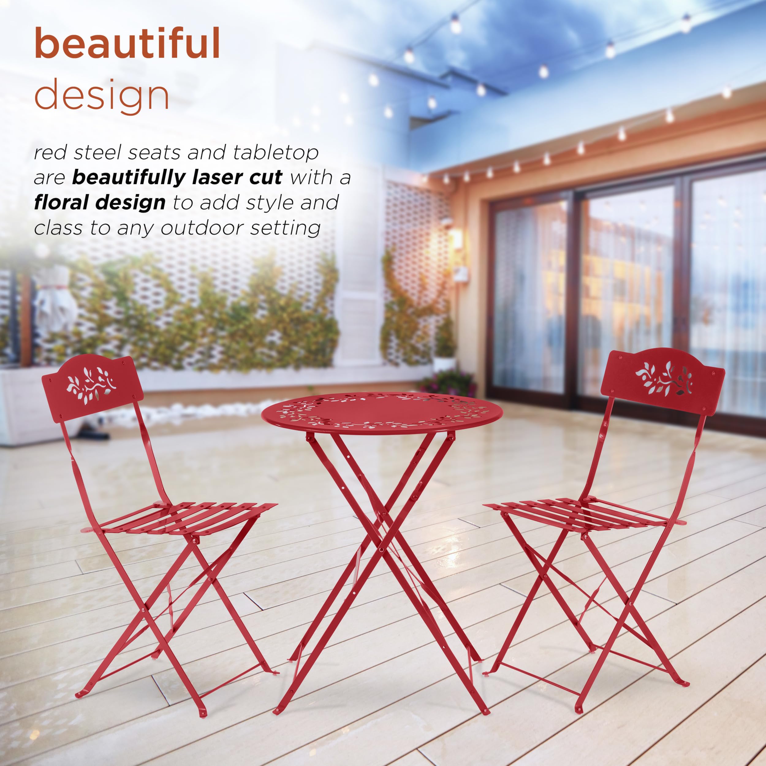 Alpine Corporation 3-Piece Bistro Set - Folding Table & Chairs for Indoor/Outdoor Use - Compact Patio Seating in Vibrant Red - Perfect for Small Balconies, Gardens, and Apartment Decks