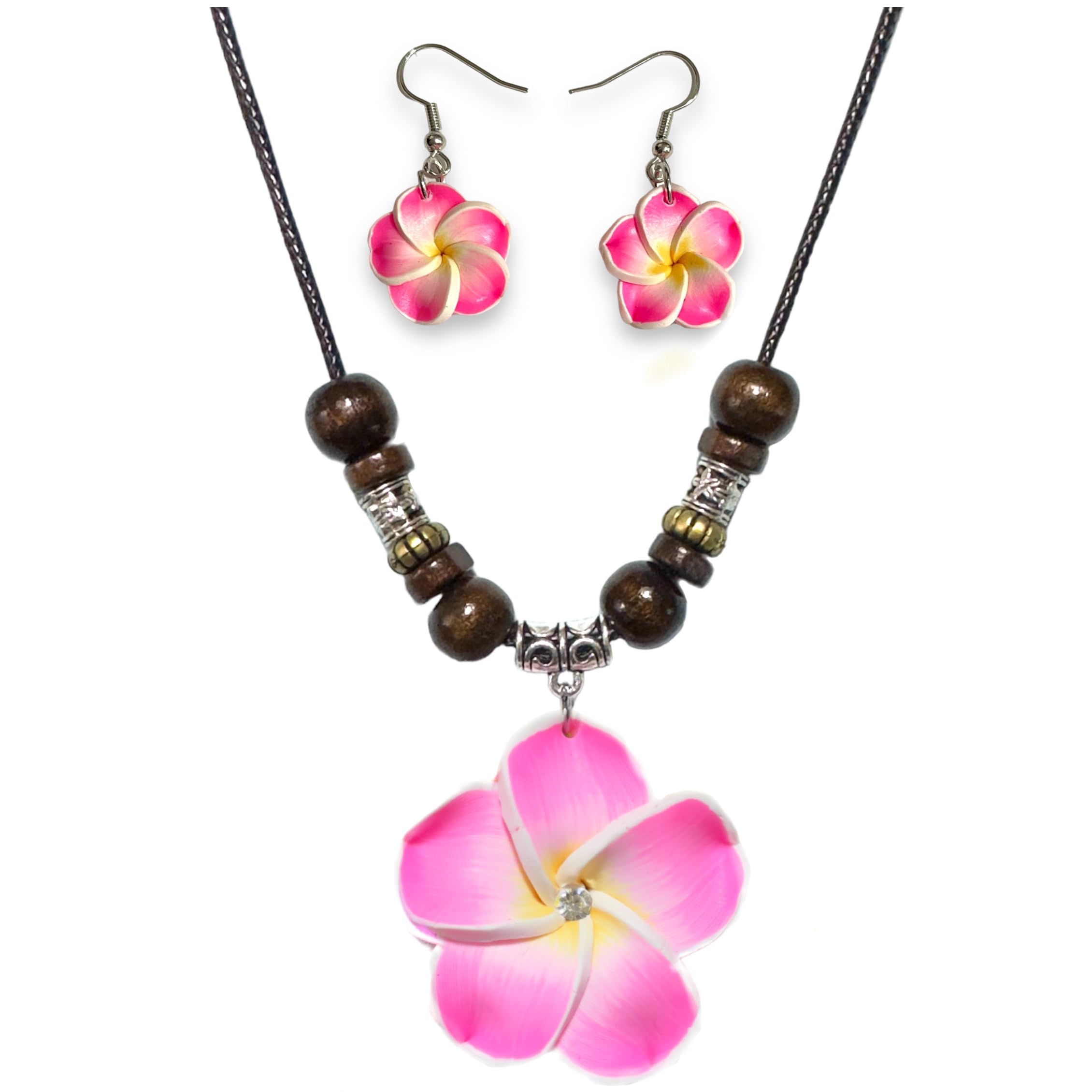 Hawaiian Plumeria Flower Jewelry Set - Pink Flower Necklace & Earrings for Women & Girls, Tropical Hawaiian Style Fashion Accessories | Perfect for Beach Vacations, Luau Parties & Summer Outfits