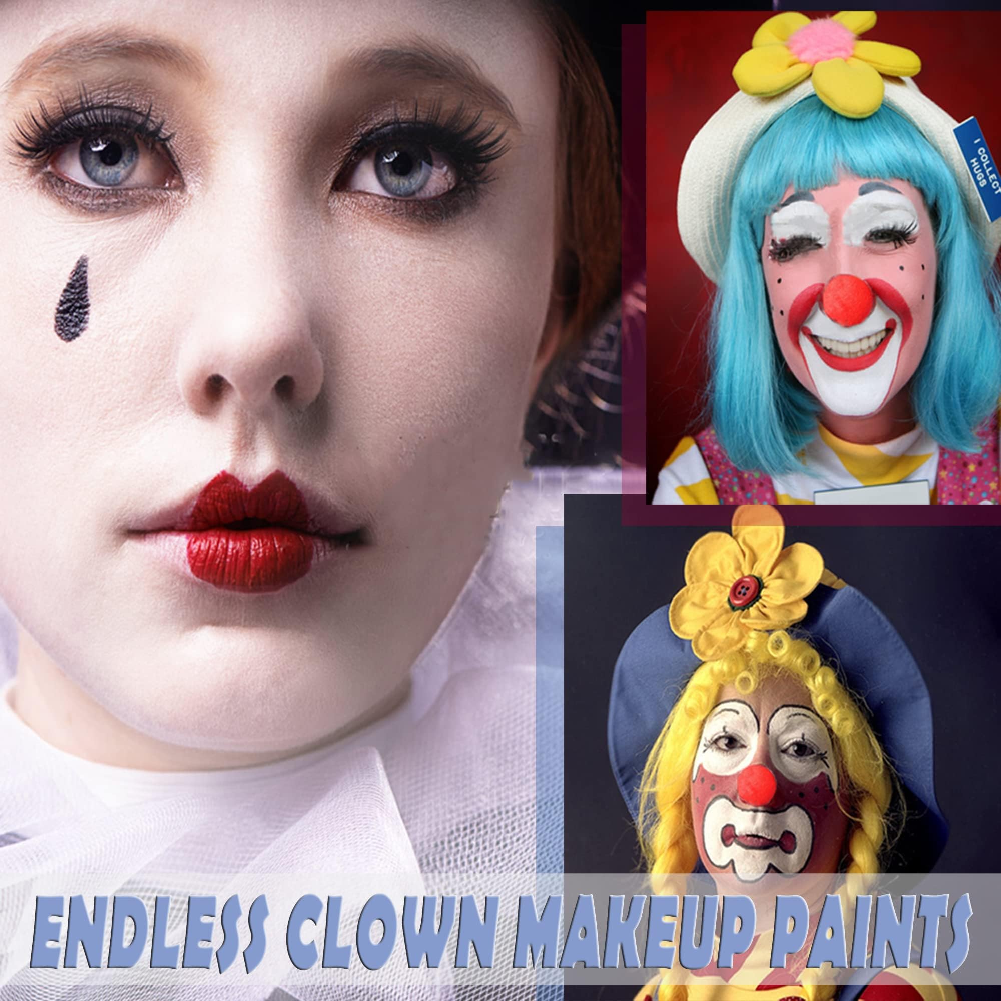 CCbeauty Professional Clown Makeup Kit - White, Black & Red Face Paint with 6 Wooden Brushes, Red Nose & Foundation Cream | Perfect for Joker Costume, Vampire Halloween & Cosplay Dress Up