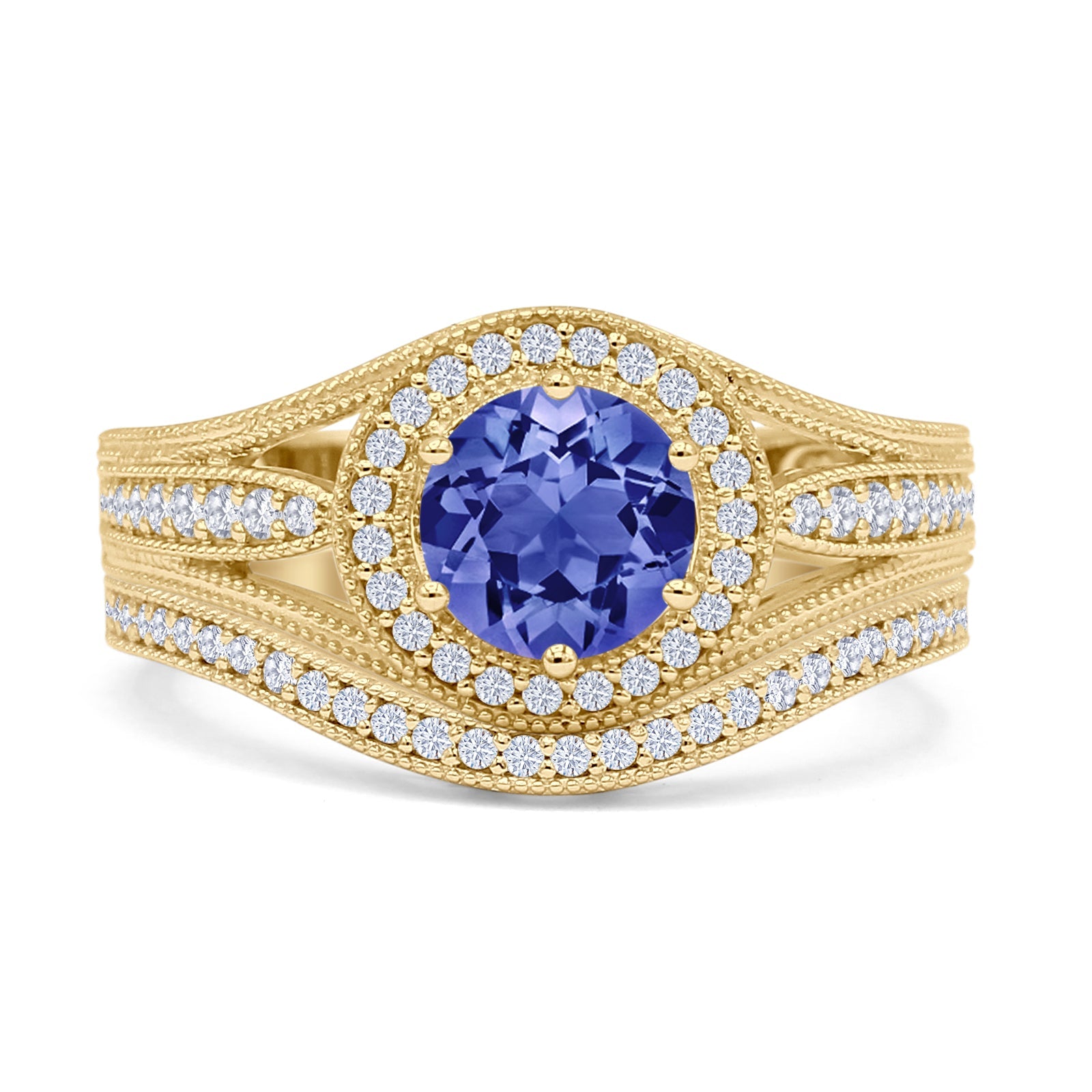14K Yellow Gold Two-Piece Round Halo Split Shank Tanzanite & CZ Engagement Ring Set - Perfect for Weddings, Anniversaries, and Special Occasions