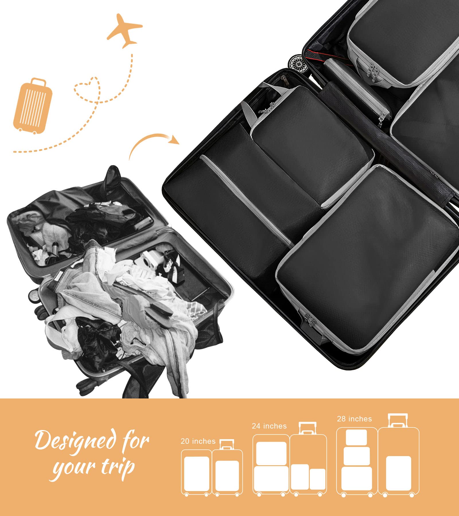 WOOMADA 8-Piece Compression Packing Cubes Set - Expandable Travel Organizer for Suitcases & Luggage (Black) | Perfect for Business Trips, Vacations & Weekend Getaways