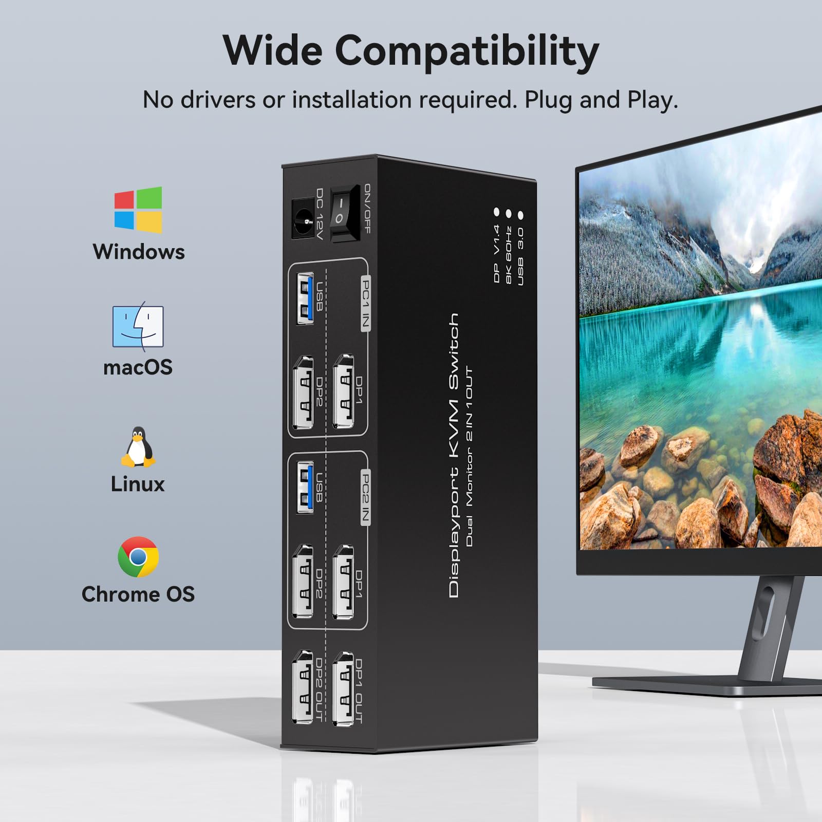 TJCXELE 8K60Hz/4K120Hz DisplayPort KVM Switch for 2 Monitors & 2 Computers - USB 3.0 Dual Monitor Sharing Hub with 4 USB Ports | Supports Extend & Copy Modes | Wired Controller Included | Perfect for Home Office, Gaming & Multi-Tasking Workstations