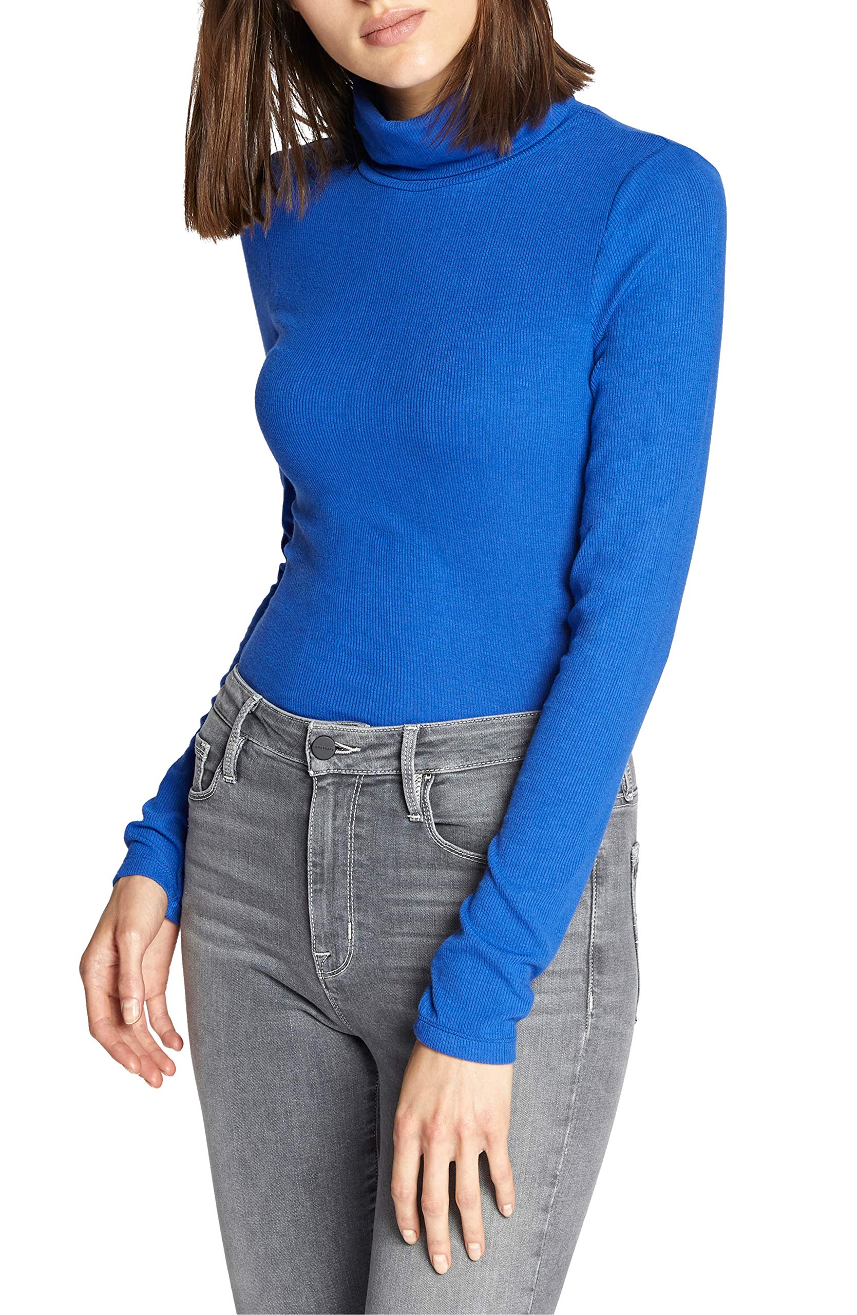 Sanctuary Ribbed Turtleneck Top for Women - Electric Blue Long Sleeve Slim Fit Knit Sweater | Fall Winter Fashion, Casual Office Wear, Date Night Outfit
