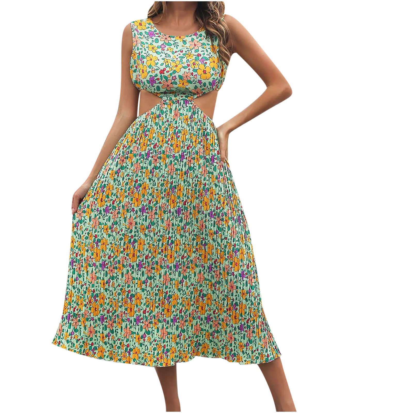 Plus Size Floral Summer Dress for Women - Casual Sleeveless Open Waist Swing Midi Dress with Pleated Details | Perfect for Beach Vacations, Boho Parties & Summer Outings