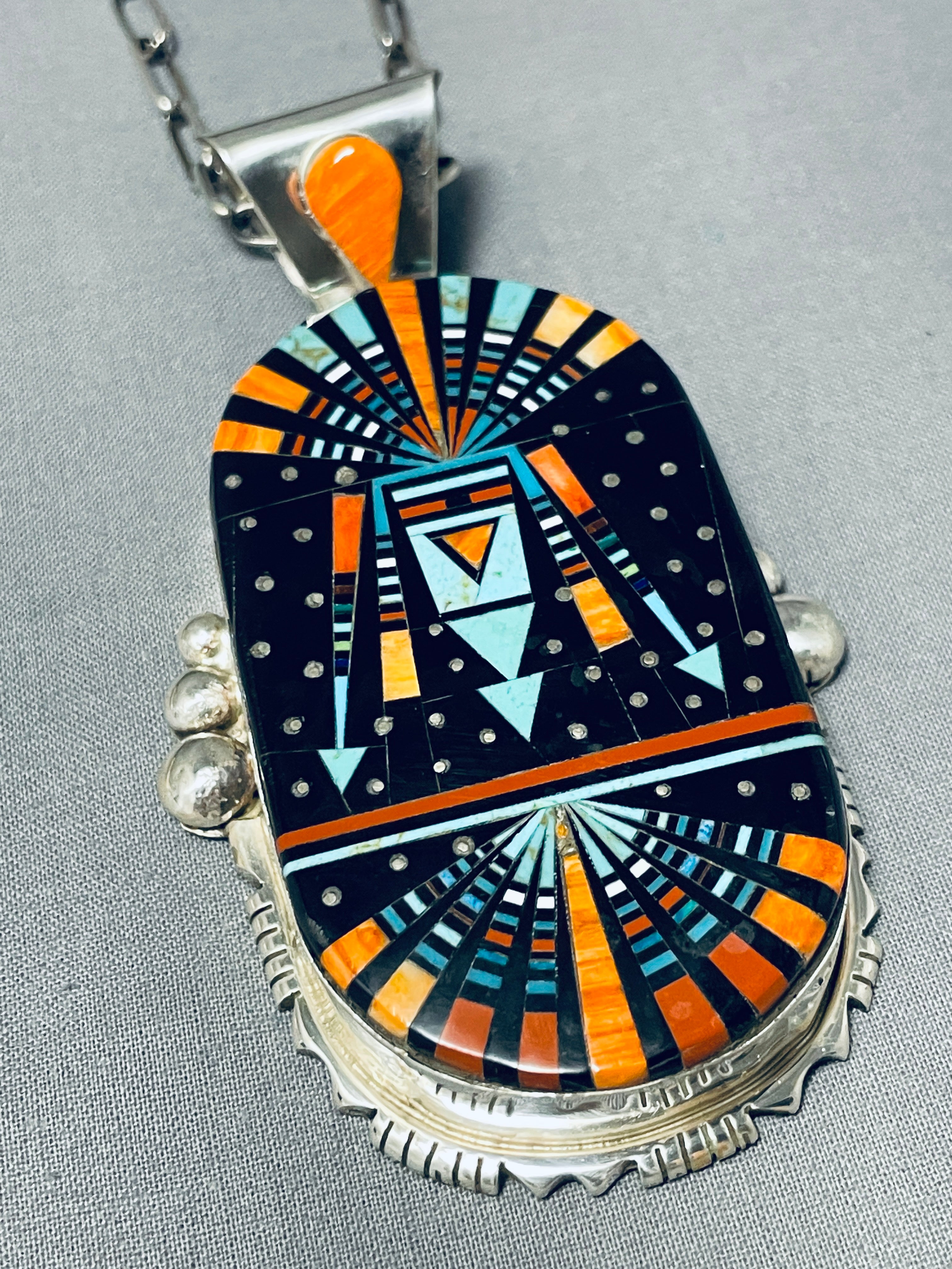 4 Inch Long Rare Huge Native American Navajo Turquoise Kachina Sterling Silver Necklace - Handmade Southwest Jewelry for Women, Spiritual Gift & Boho Fashion Accessory (Perfect for Festivals, Ceremonies & Everyday Wear)