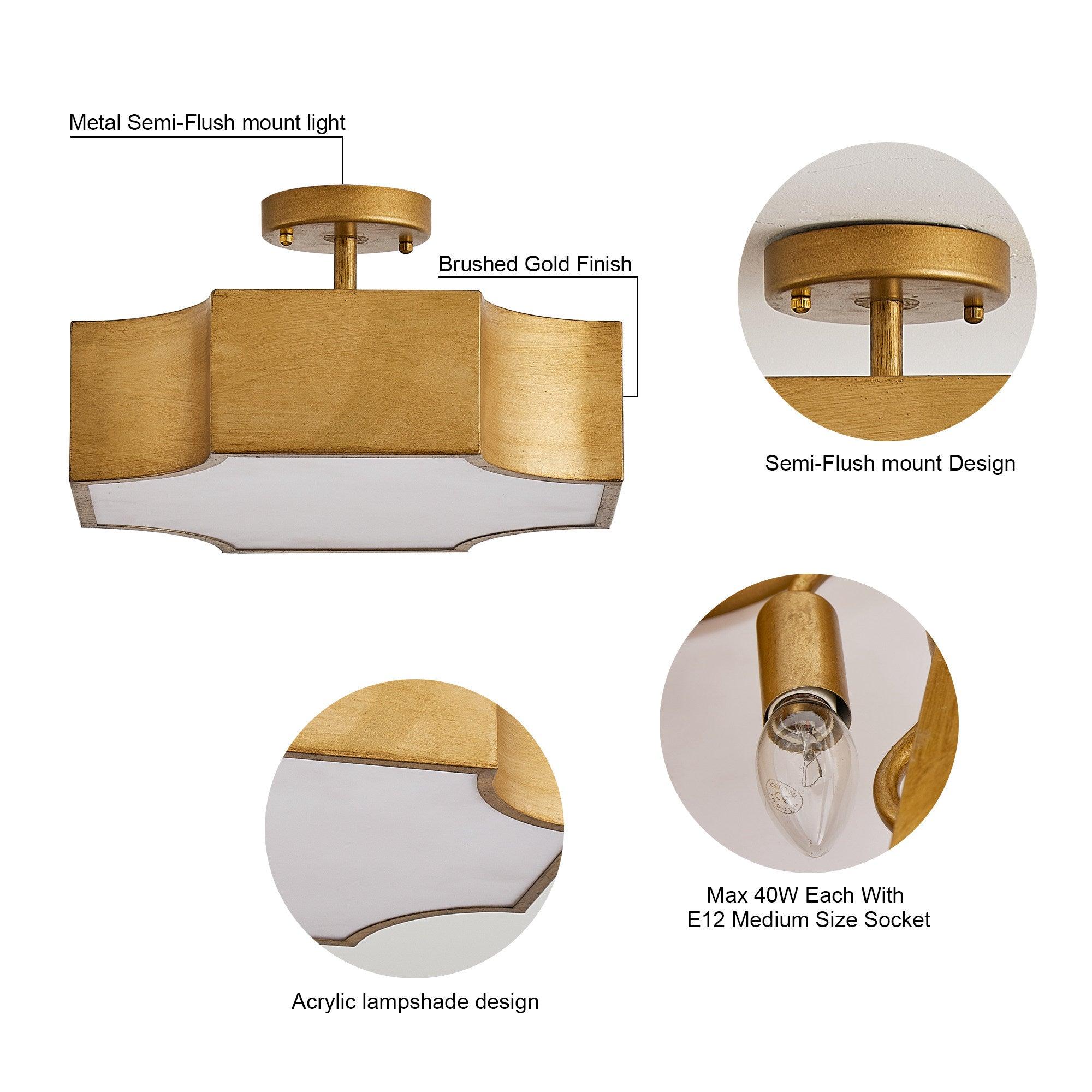 Vintage Golden LED Semi Flush Mount Ceiling Light Fixture - 3 Lights, Energy Efficient, Warm White - Perfect for Entryway, Hallway, Closet, Kitchen, Bedroom, and Dining Room Lighting