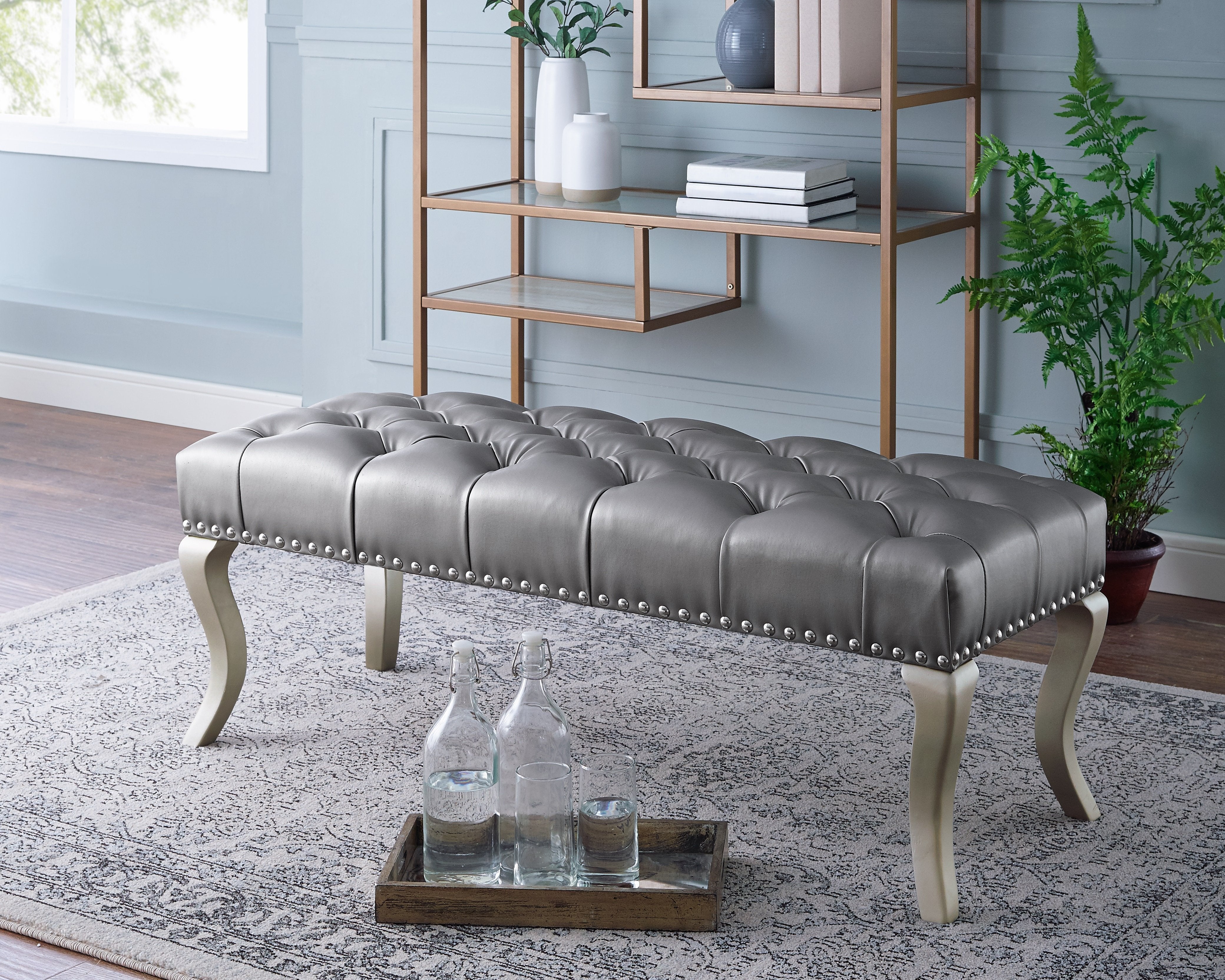 Roundhill Furniture Decor Maxem Tufted Faux Leather Upholstered Seat with Nailhead Trim Bench - Stylish Entryway, Bedroom, or Living Room Seating Solution