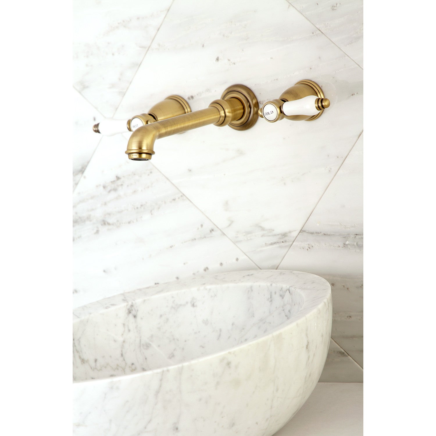 Bel Air KS7123BPL Antique Brass 3 Hole Wall Mount Bathroom Faucet with Double Handle - Perfect for Vintage Style Bathrooms & Powder Rooms