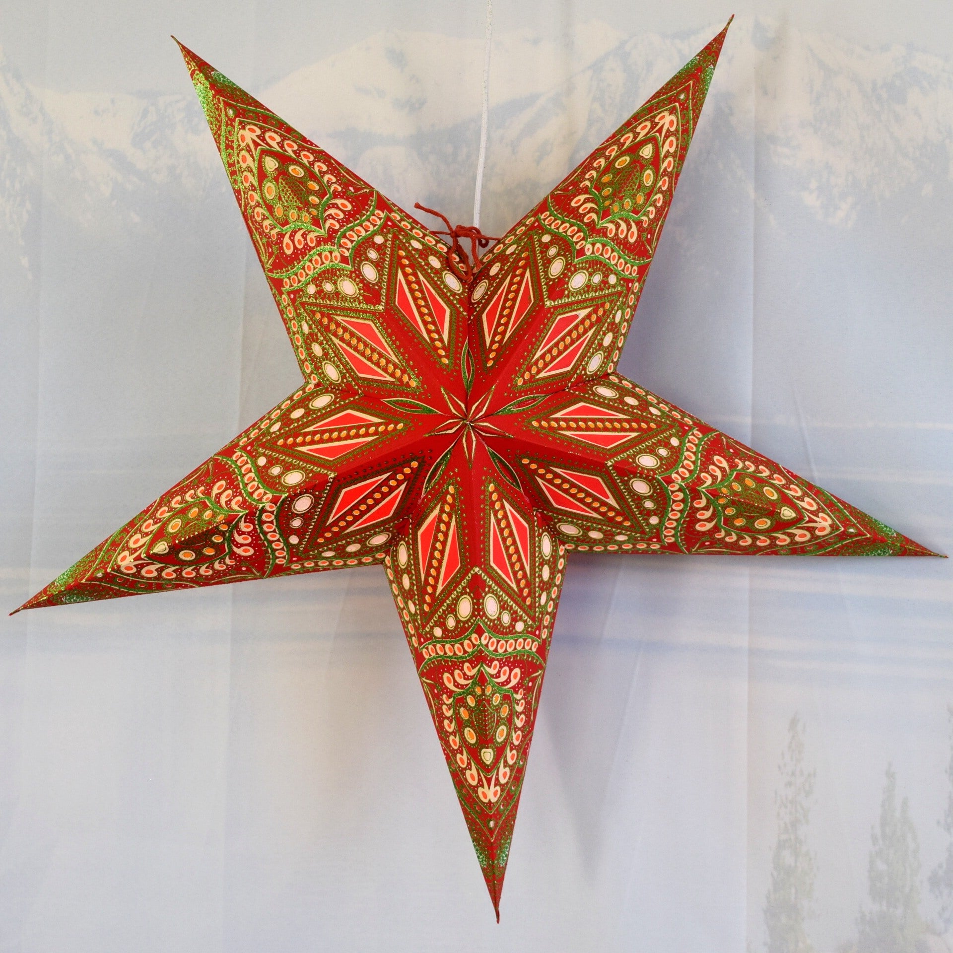 24 Inch Paper Star Lantern - Red Green Twilight Hanging Light Kit with Pendant Light | Perfect for Bedroom, Wedding, Party & Outdoor Decor
