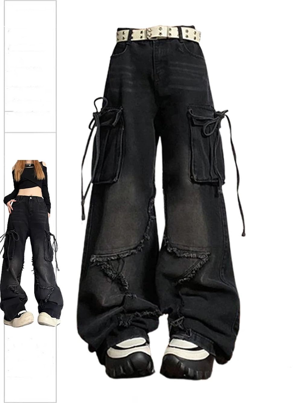 Gothic Black Baggy Cargo Jeans for Women - Aesthetic Distressed Denim Pants with Multiple Pockets | Perfect for Streetwear, Punk Fashion & Alternative Outfits
