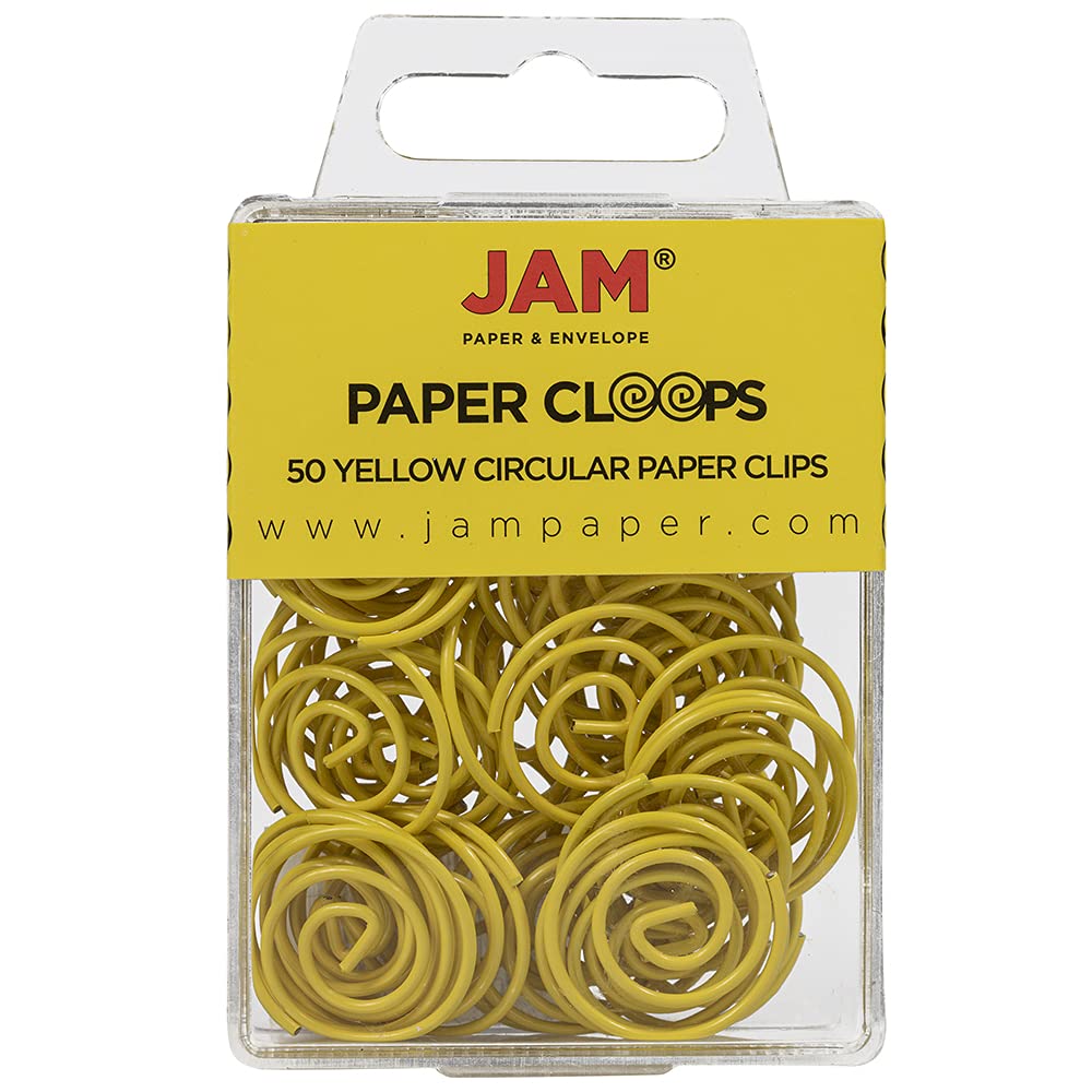 JAM PAPER Round Paper Clips - 50-Pack Yellow Circular Paper Clips for Office, School & Crafting - Durable Metal Binder Clips for Organizing Documents & Art Projects