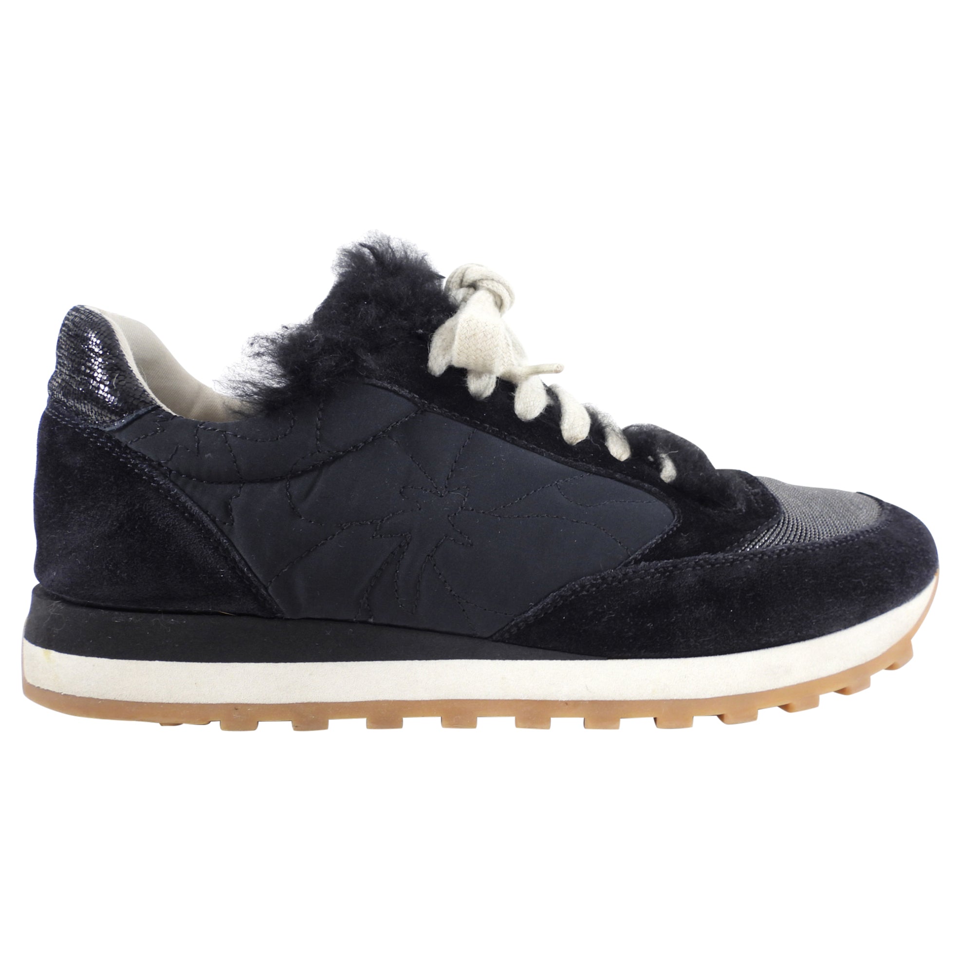 Brunello Cucinelli Black Shearling Nylon Monili Sneakers - Women's Size 38.5/38 - Luxurious Comfort for Winter Walking & Casual Outfits