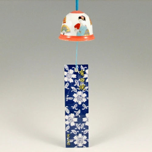 Authentic Arita Yaki Japanese Wind Bell - Handcrafted Ceramic Furin with Folding Fan & Geisha Design | Japanese Wind Chime for Garden, Patio & Home Decor