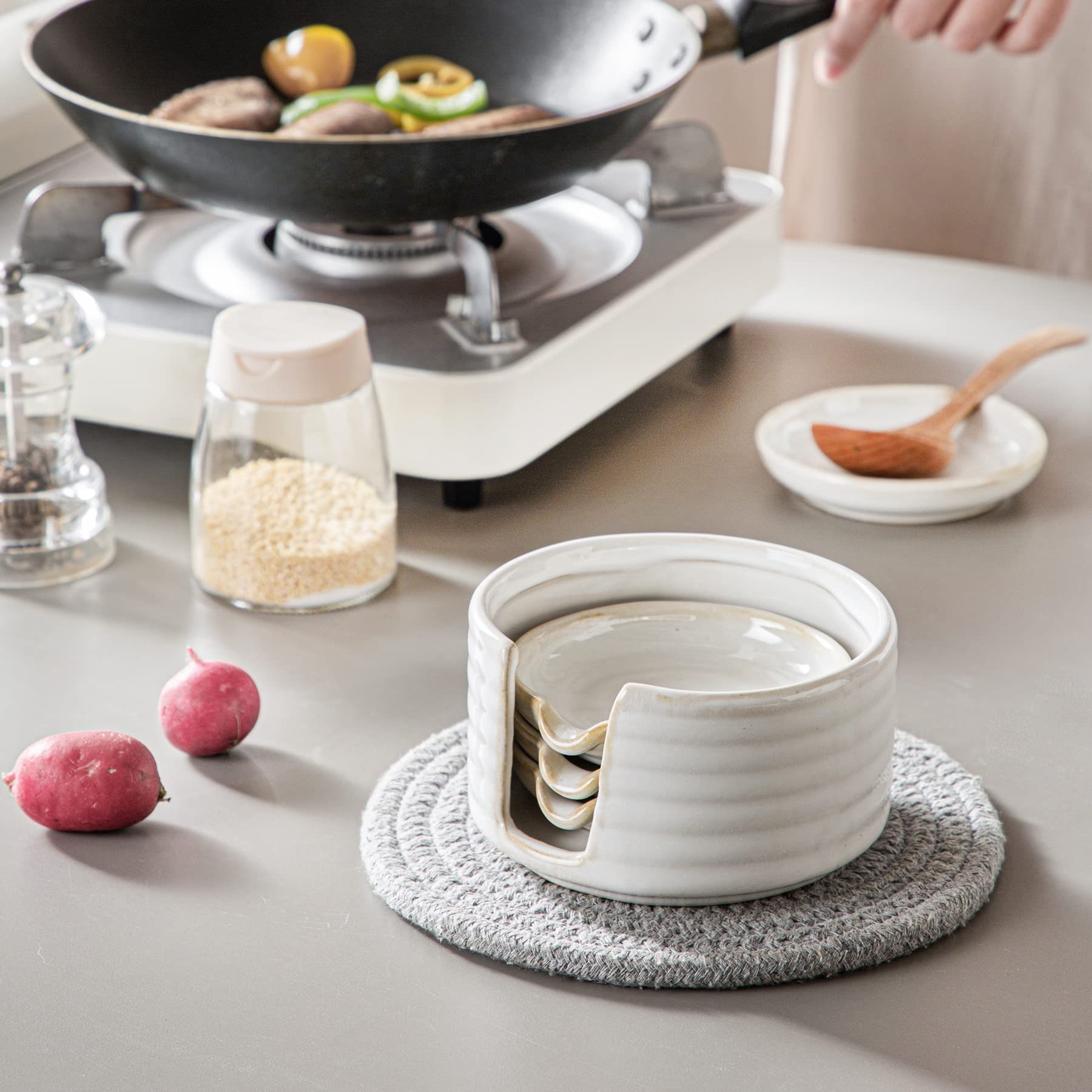 Ceramic Spoon Rest Set of 4 - Kitchen Utensil Holder for Cooking, Soy Sauce Dishes & Dipping Bowls - Cream Color Home Essentials for Countertop Organization & Asian Cuisine Prep