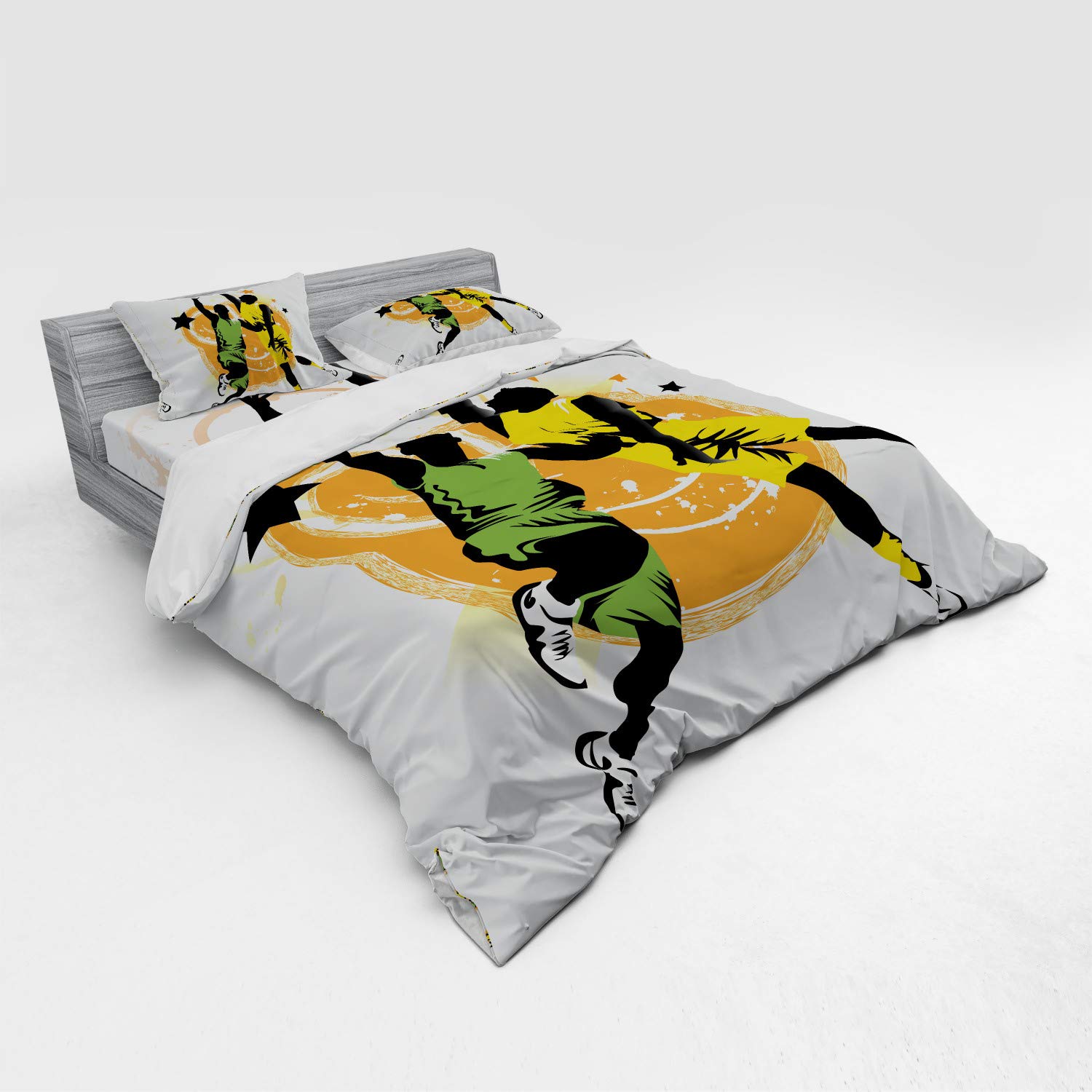 Ambesonne Basketball Duvet Cover Set - King Size 4-Piece Bedding with 2 Basketball Players Design, Orange & Green Sports Theme - Perfect for NBA Fans' Bedrooms & Dorm Decor
