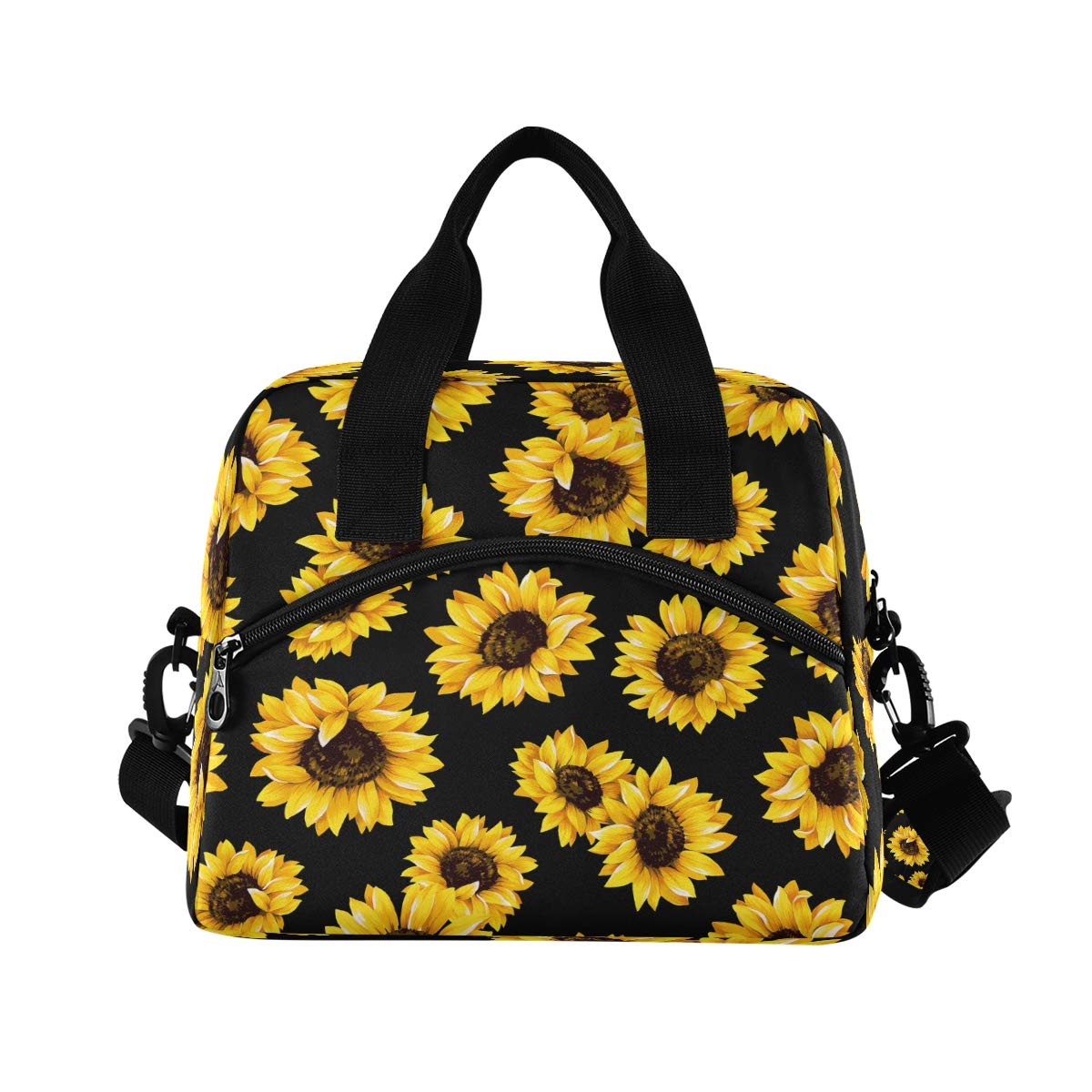 Stylish Golden Sunflower Insulated Lunch Bag for Women - Waterproof Thermal Cooler Tote for Work, Picnic, Beach & Sports - Floral Black Lunch Box with Yellow Flower Design - Perfect for Office, School & Outdoor Activities