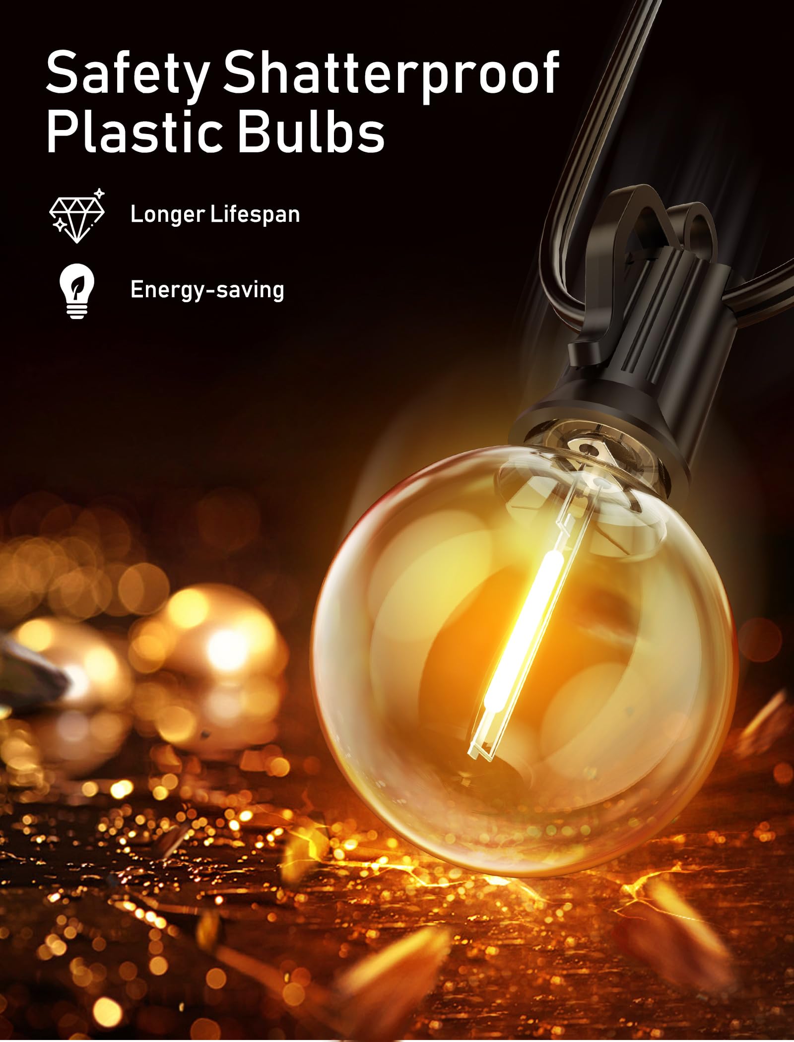 100FT LED Outdoor String Lights - 104 Shatterproof Weatherproof Bulbs, E12 Socket, 2200K Warm White - Perfect for Backyard, Patio, Pergola, Bistro & Party Decorations - Commercial Grade Hanging Lights for Outdoor Events & Festivals