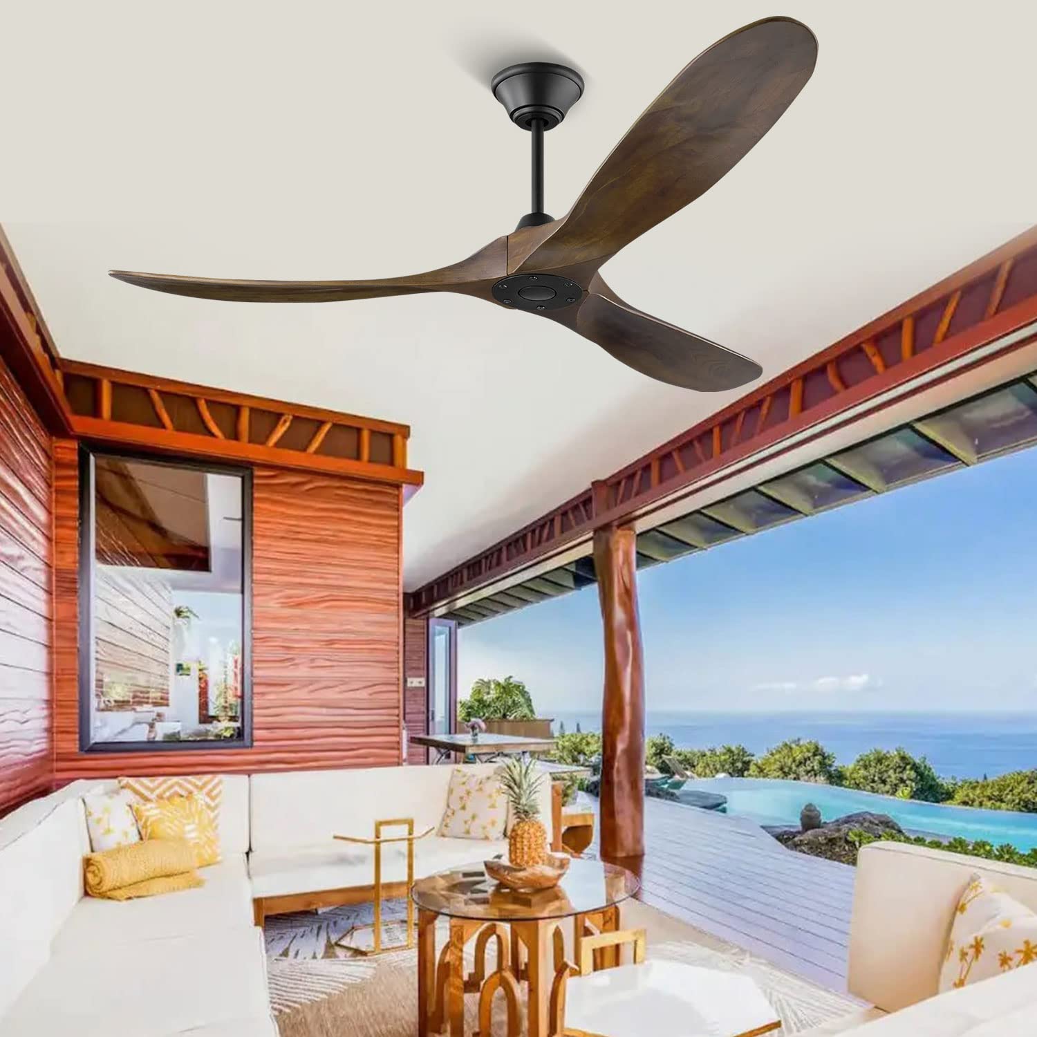 70 Inch Rustic Outdoor Ceiling Fan - Solid Wood Farmhouse Style, Remote Control, No Light, for Patio/Indoor Use - Perfect for High/Low Sloped Ceilings (Brown, DC Motor) - Ideal for Backyard, Porch, Living Room & Bedroom Cooling
