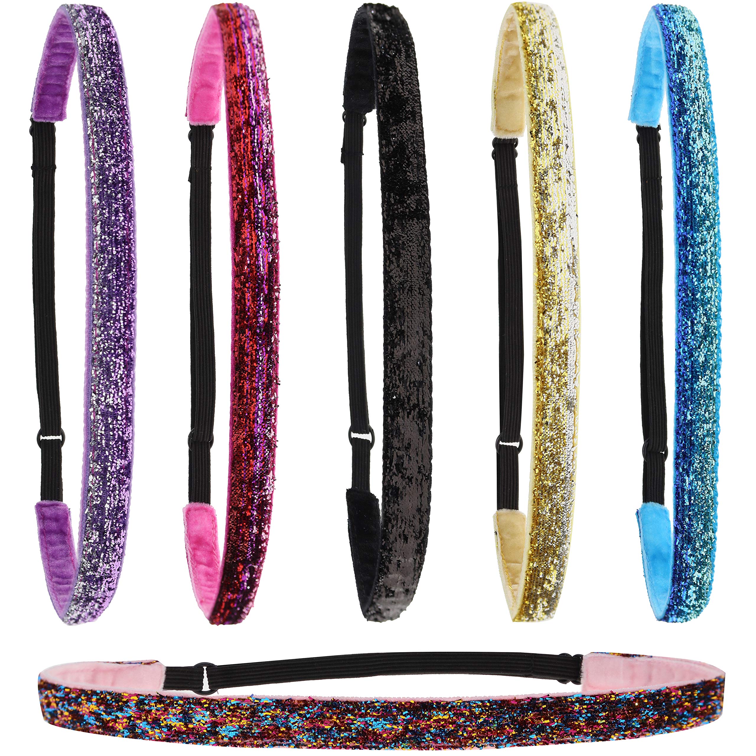 **FROG SAC 6-Pack Glitter Headbands for Girls & Teens – Adjustable Non-Slip Thin Stretch Elastic Sports Headband – Cute Athletic Hair Accessories for Kids – Perfect for Running, Yoga, Dance & School**