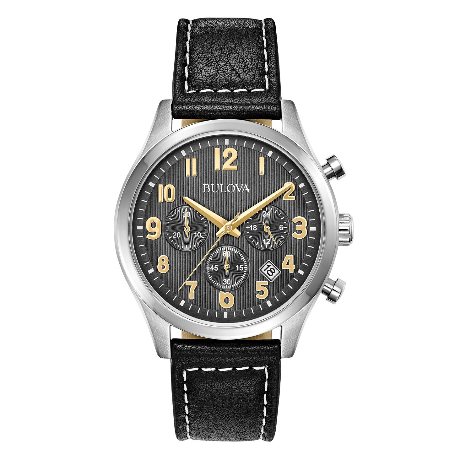 Bulova Men's Classic Stainless Steel Chronograph Watch - 41mm Grey Dial with Gold Accents, Arabic Markers & Leather Strap | 6-Hand Quartz Movement | Perfect for Business, Formal Events & Everyday Wear