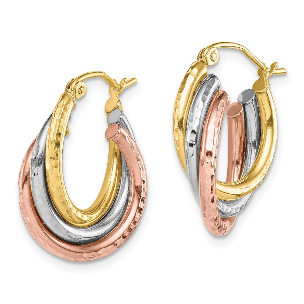 10K Yellow, White & Rose Gold Triple Hoop Earrings for Women - Diamond-Cut Design - Perfect for Parties, Weddings & Everyday Wear