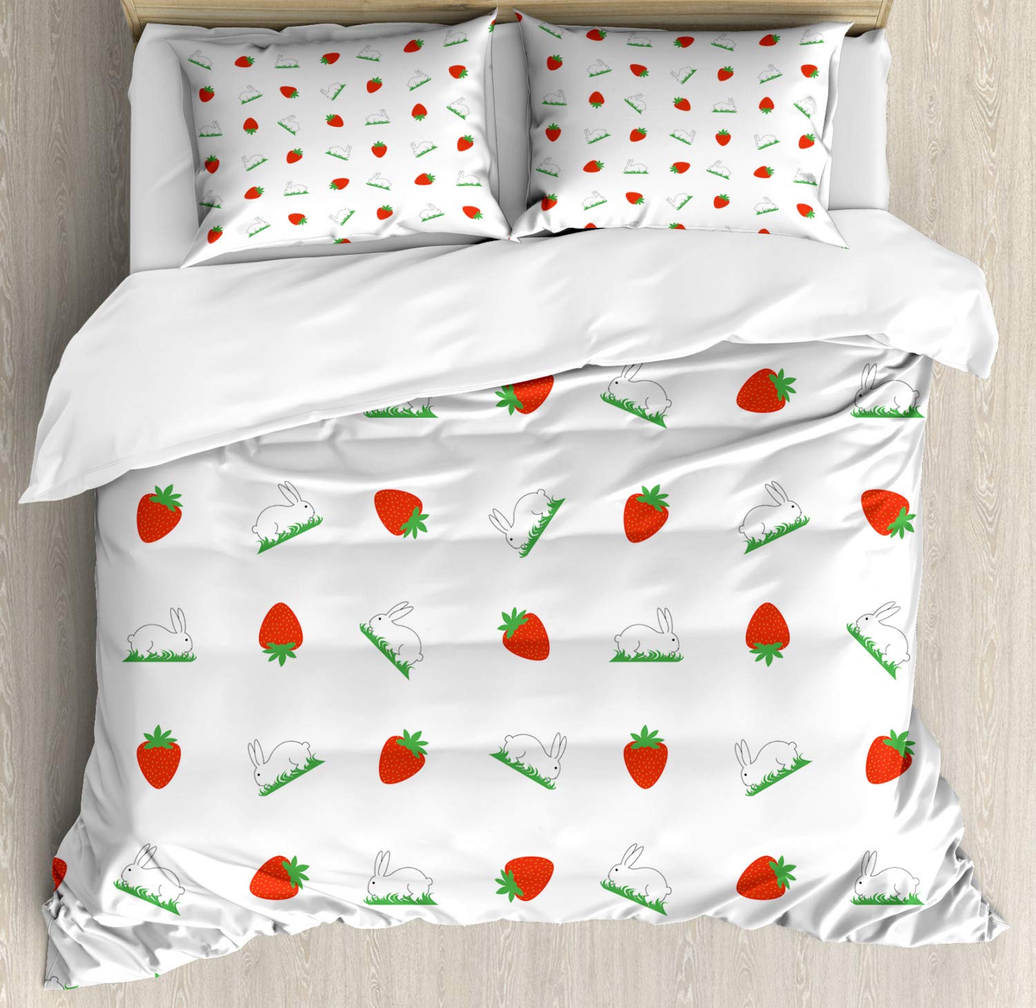 Lunarable Easter Duvet Cover Set - Bunny on Grass with Strawberries Pattern Rabbit Design, 3-Piece Decorative Bedding Set with 2 Pillow Shams, California King Size, Green Red White Colors | Perfect for Spring Decor, Easter Gift, Kids Room & Cozy Bedroom Makeover