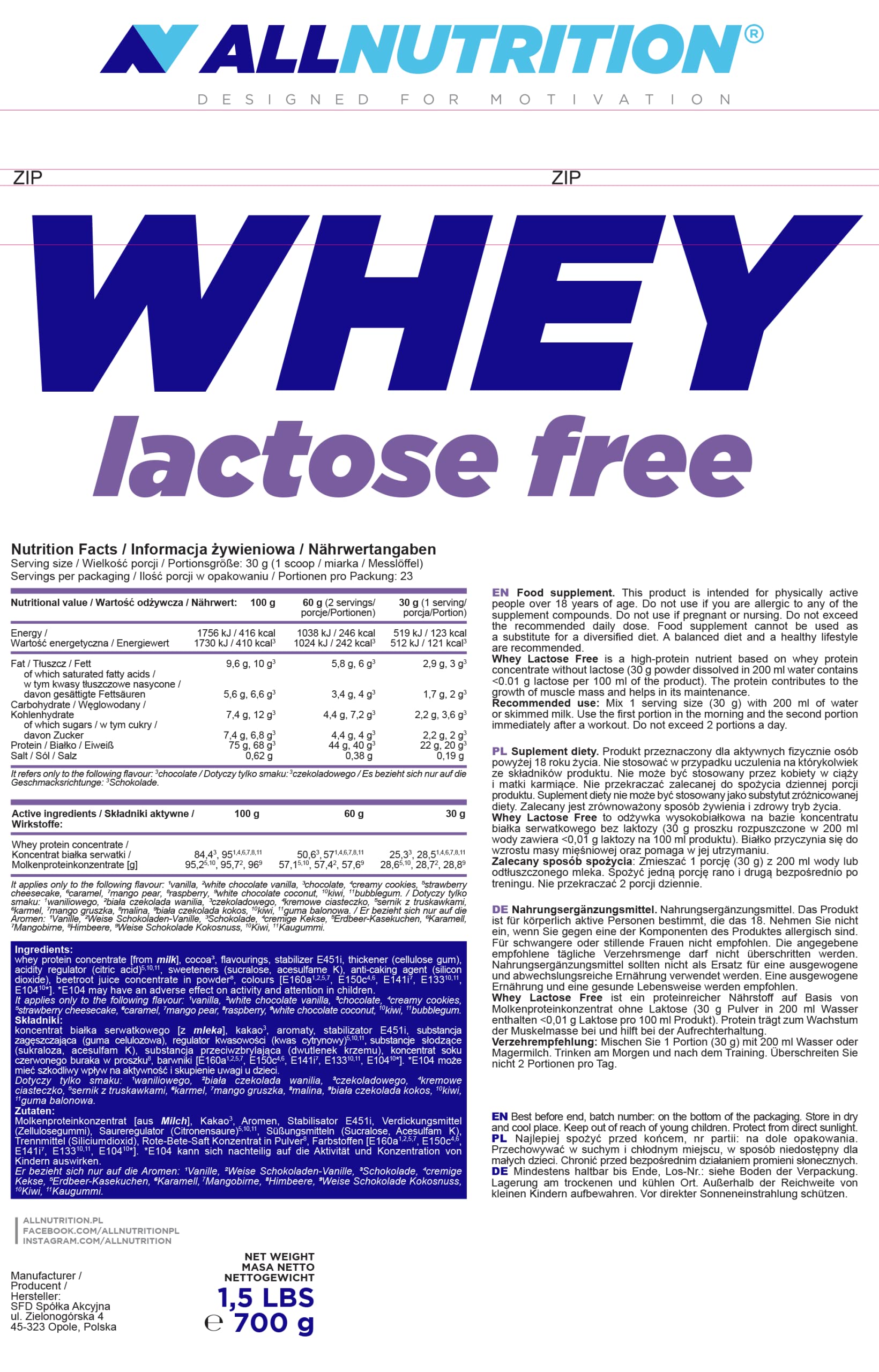 Allnutrition Whey Protein Powder Lactose Free - Chocolate Flavor 700g for Muscle Recovery & Post-Workout Nutrition