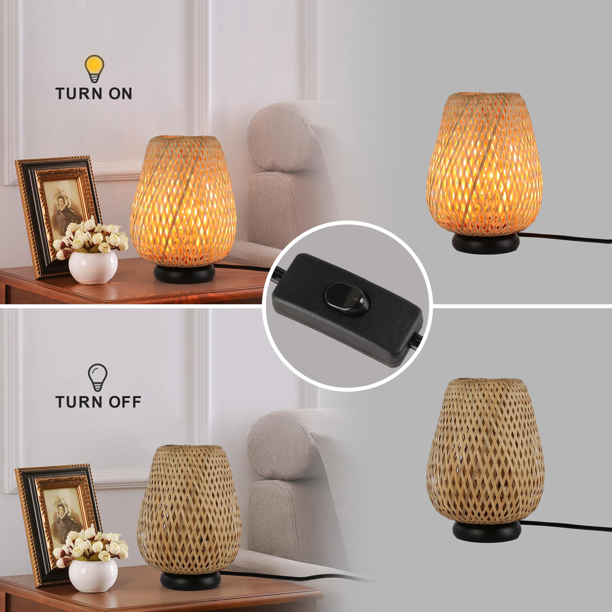 Boho Handmade Bamboo Rattan Table Lamp with Woven Cylinder Shade & Metal Base - Industrial Wicker Desk Light for Living Room, Bedroom, Farmhouse - Perfect for Cozy Home Decor & Reading Nook Ambiance