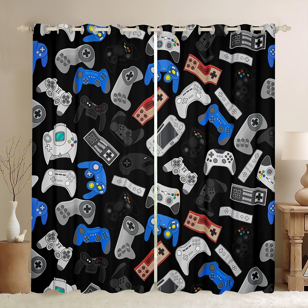 Erosebridal Blue & Black Video Game Controller Curtains for Boys Room - 2 Panel Set (38x54 Inch) - Perfect for Teen Bedroom, Gaming Room & Living Room Window Treatments