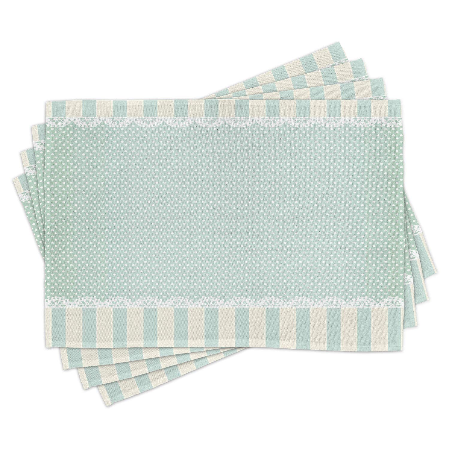 Ambesonne Shabby Floral Place Mats Set of 4 - Vintage Striped & Polka Dot Washable Fabric Table Mats for Dining Room & Kitchen Decor in Almond Green, Cream & White | Perfect for Farmhouse, Cottage & Rustic Home Decor