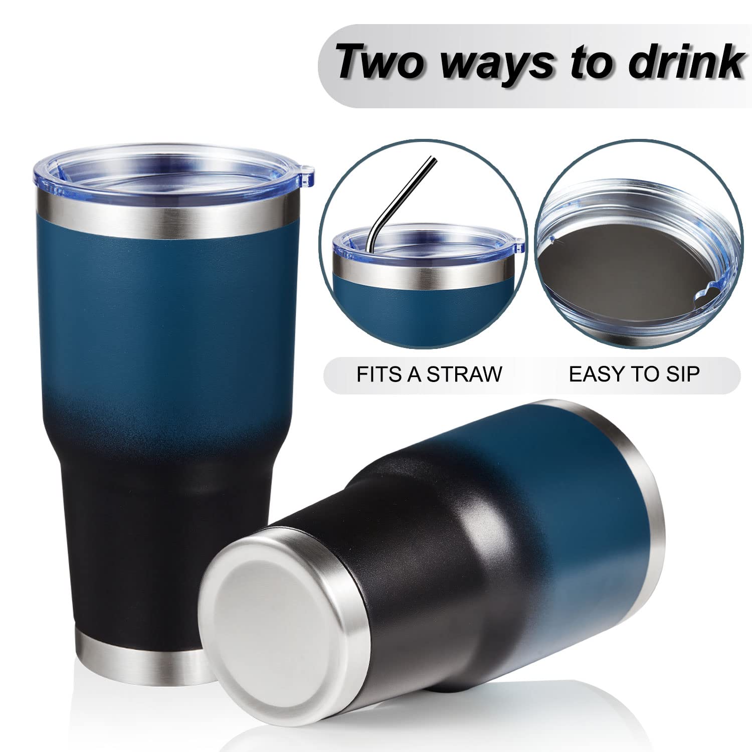MEWAY 30oz Insulated Stainless Steel Tumbler with Lid & Straw - Double Wall Vacuum Coffee Mug for Hot & Cold Drinks - Powder Coated Durable Travel Cup for Office, Gym, Camping & Outdoor Activities (Blue Black, 4 Pack)