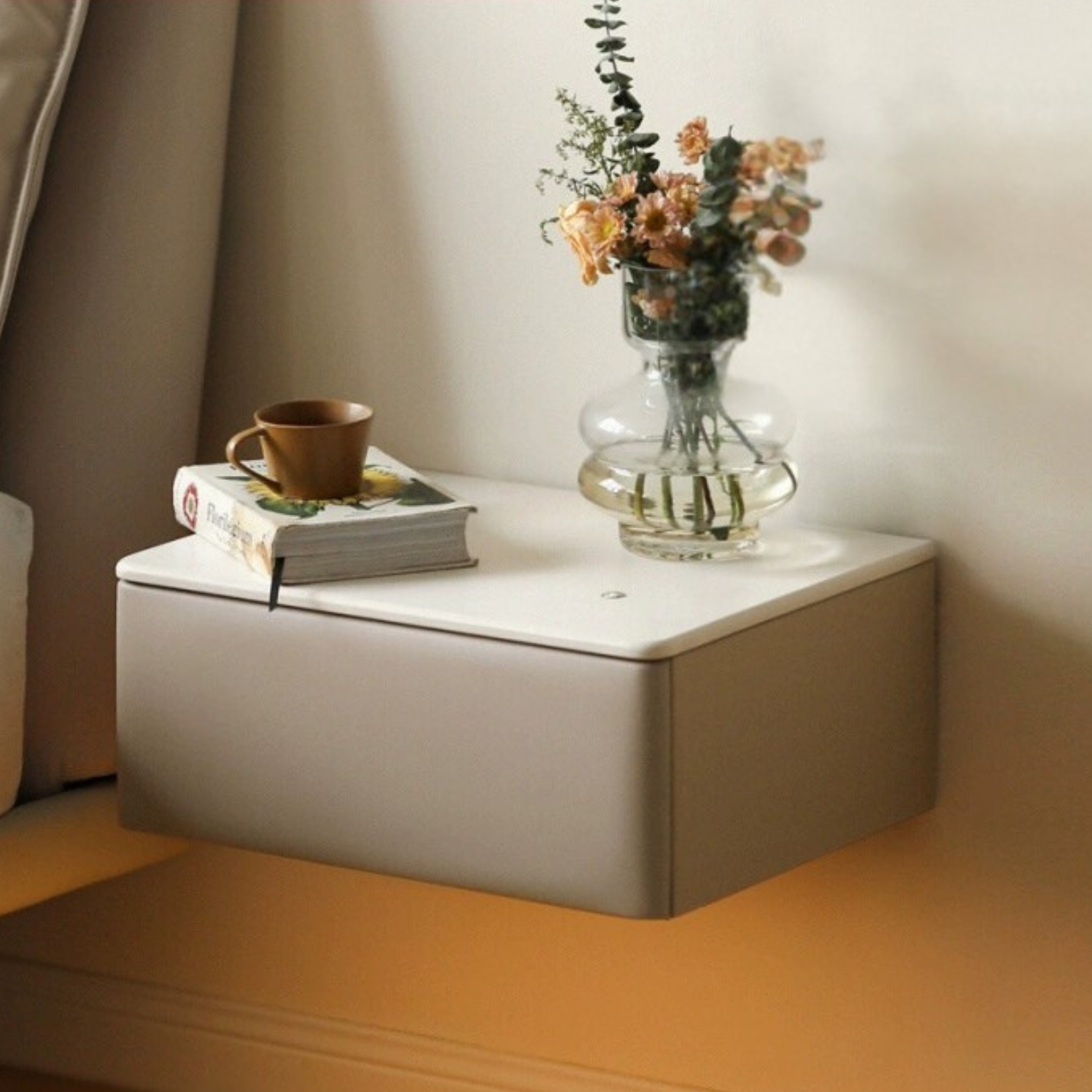 Organic Leather Floating Nightstand - Wall Mounted Cream Rock Board Shelf for Bedroom, Living Room & Office - Modern Minimalist Storage Solution