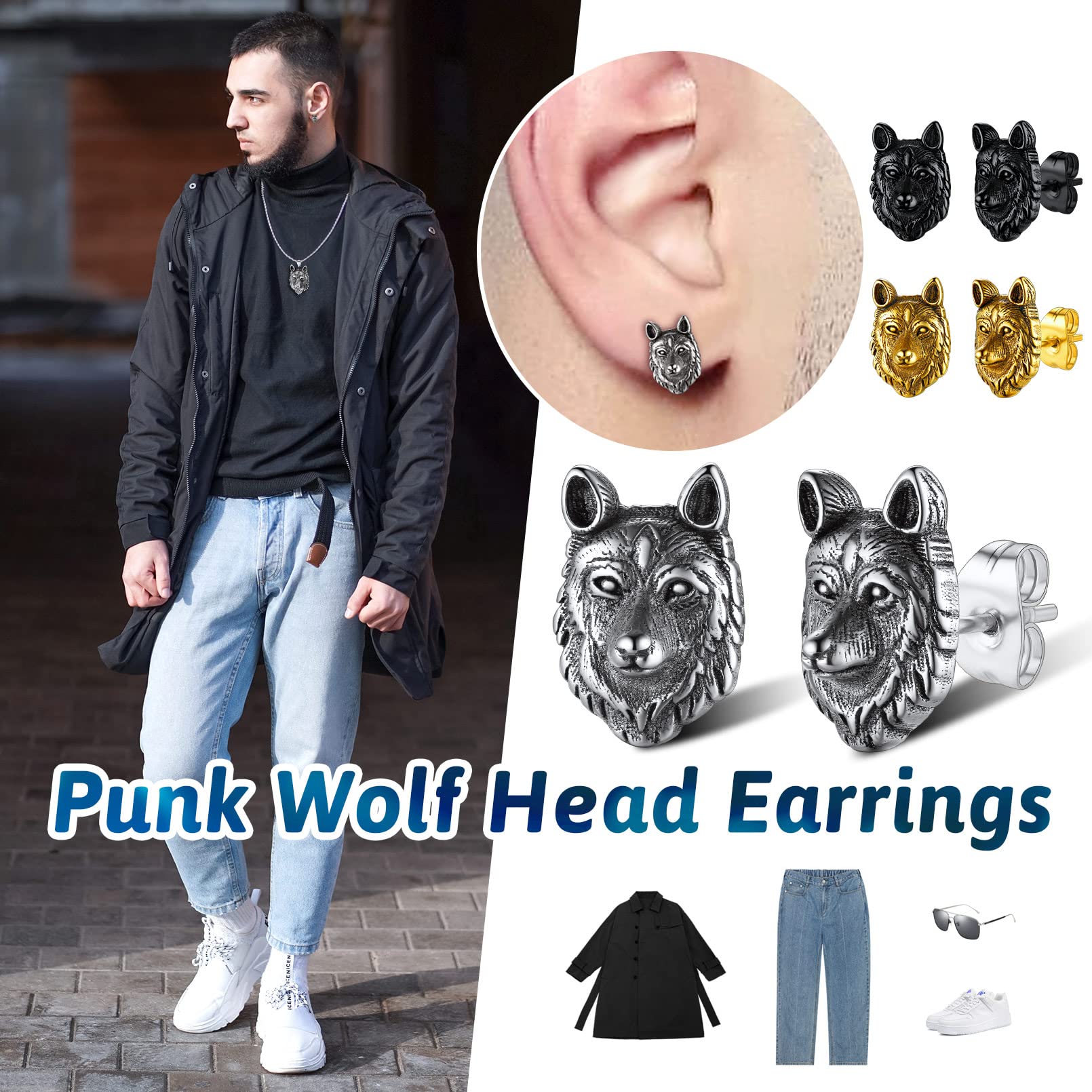 FaithHeart Viking Animal Huggie Hoop Earrings for Men - Gothic Dragon/Snake/Dinosaur/Wolf Stainless Steel Stud Earrings | Hypoallergenic, Lightweight Punk Rock Jewelry | Perfect Gift for Bikers, Rockers & Gothic Fashion Lovers
