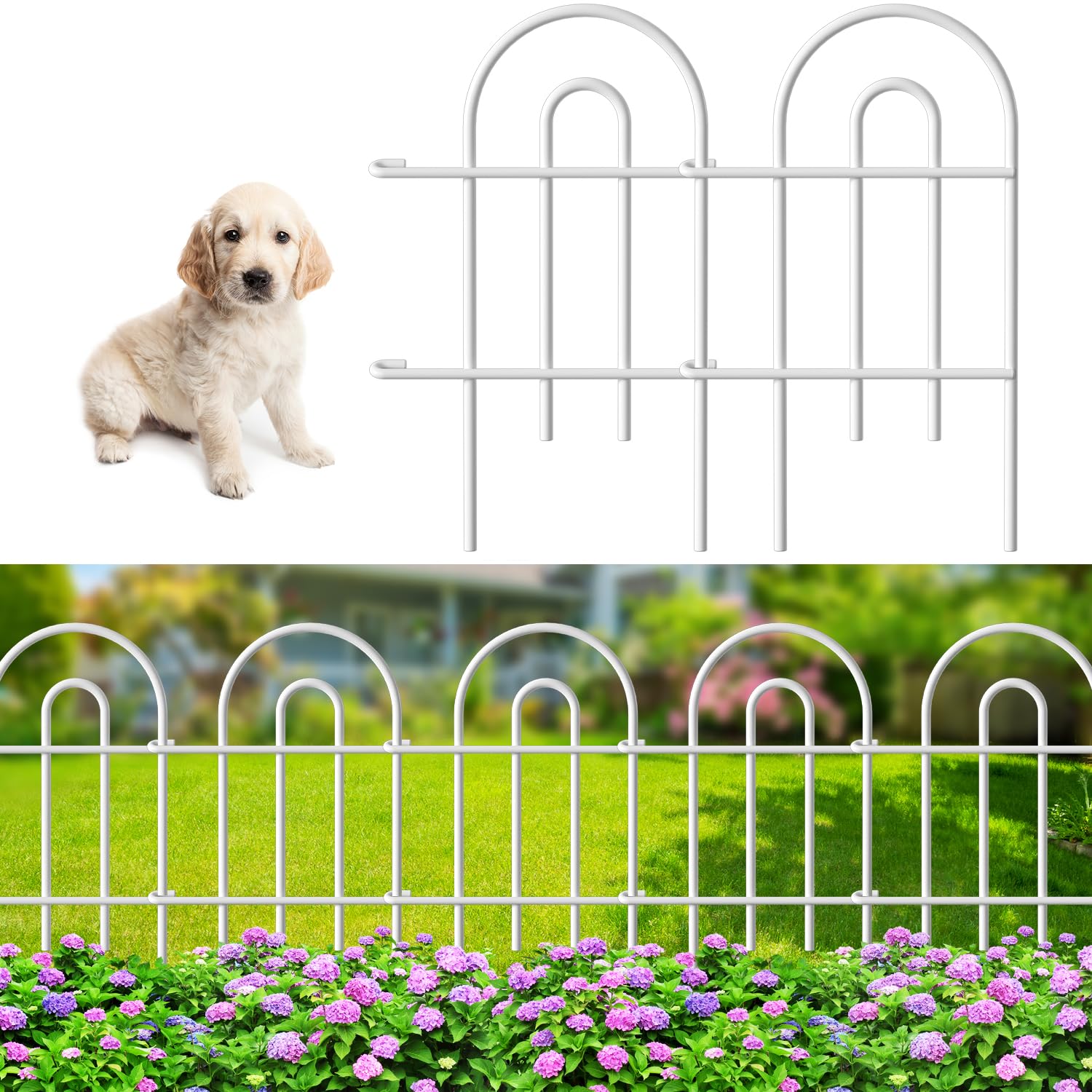 AMAGABELI GARDEN & HOME 25-Panel No Dig Metal Fence - 24in Height x 35ft Length, Decorative Garden Border & Dog Barrier for Flower Beds, Yards & Landscaping - Easy Installation White Fencing