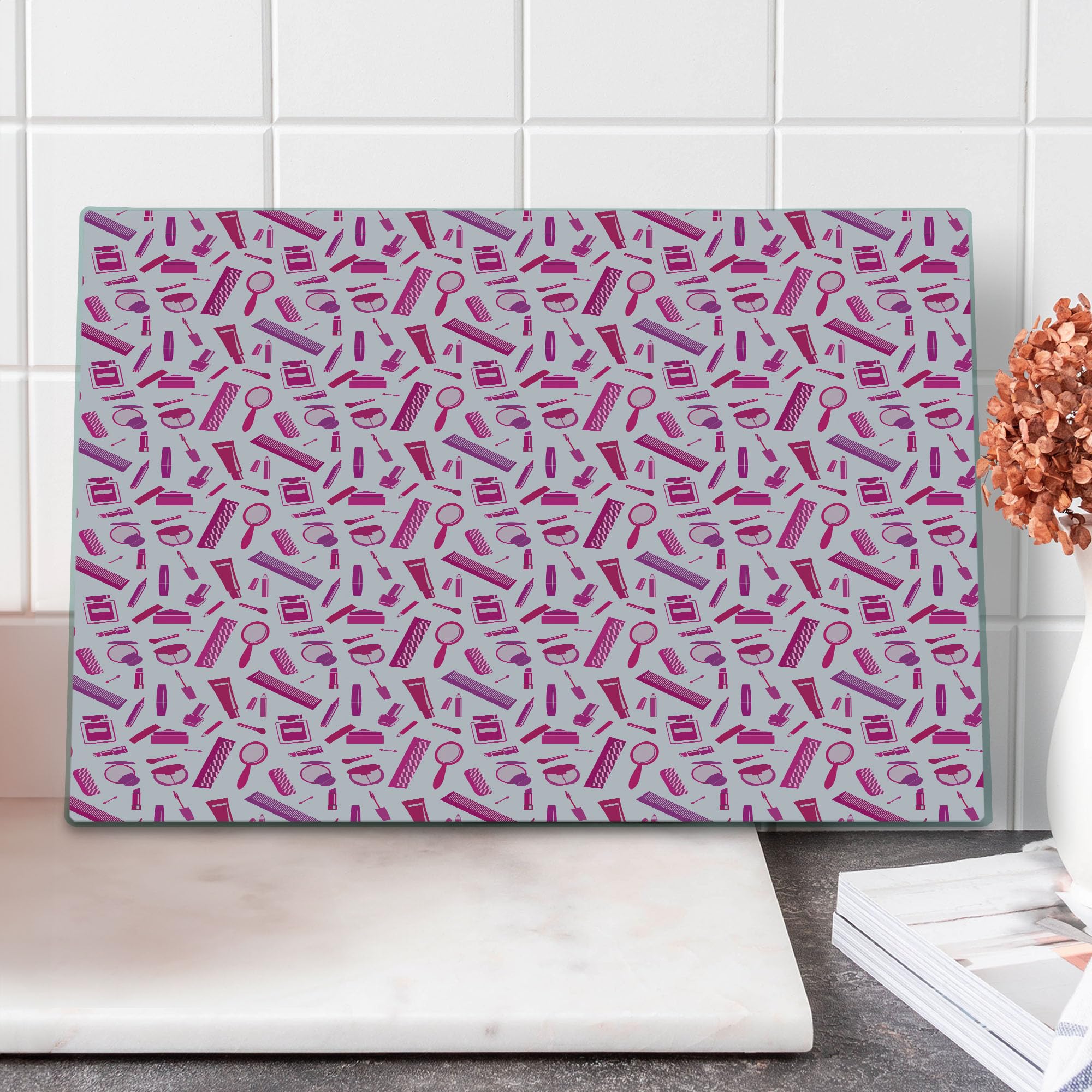 Ambesonne Pale Pink Glass Cutting Board - Decorative Tempered Glass Serving Board with Magenta Pink & Purple Comb Pattern - Large Size Kitchen Accessory for Food Prep, Charcuterie & Home Decor