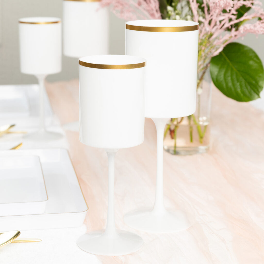 9 Oz White and Gold Plastic Stemmed Wine Goblets - Set of 5 Shatterproof Cups for Wedding, Party, and Outdoor Events