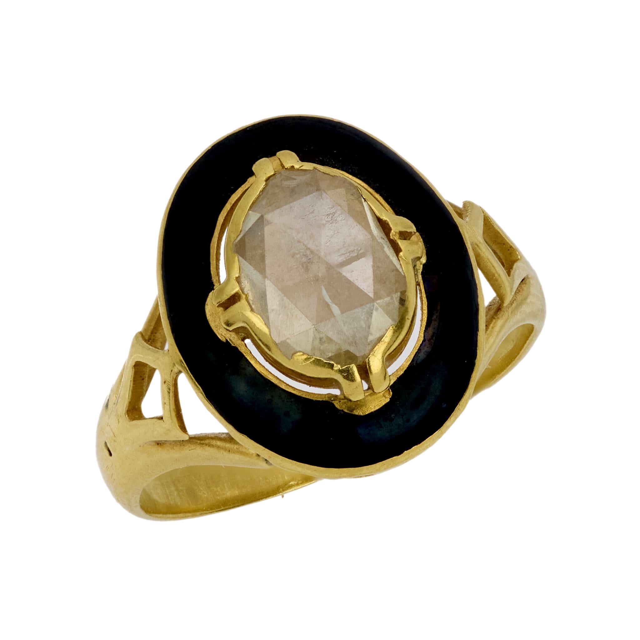 Victorian French Rose Cut Diamond 18K Yellow Gold Enamel Ring - Elegant Vintage Jewelry for Weddings, Anniversaries & Special Occasions