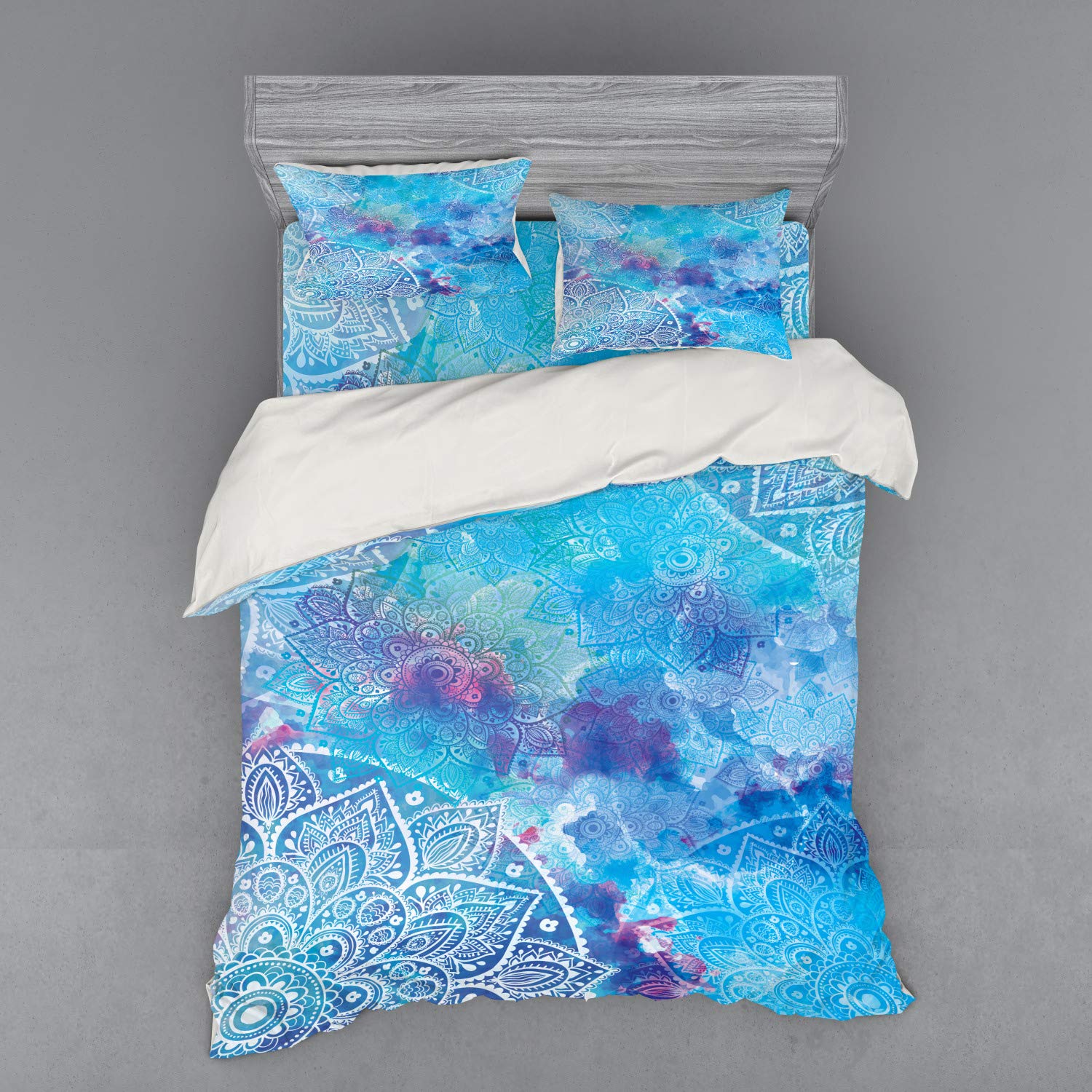 Ambesonne Mandala Duvet Cover Set - Queen Size 4-Piece Bedding with Floral Watercolor Design, Includes Shams & Fitted Sheet - Vibrant Bohemian Decor for Bedroom, Guest Room, or Dorm (Multicolor)